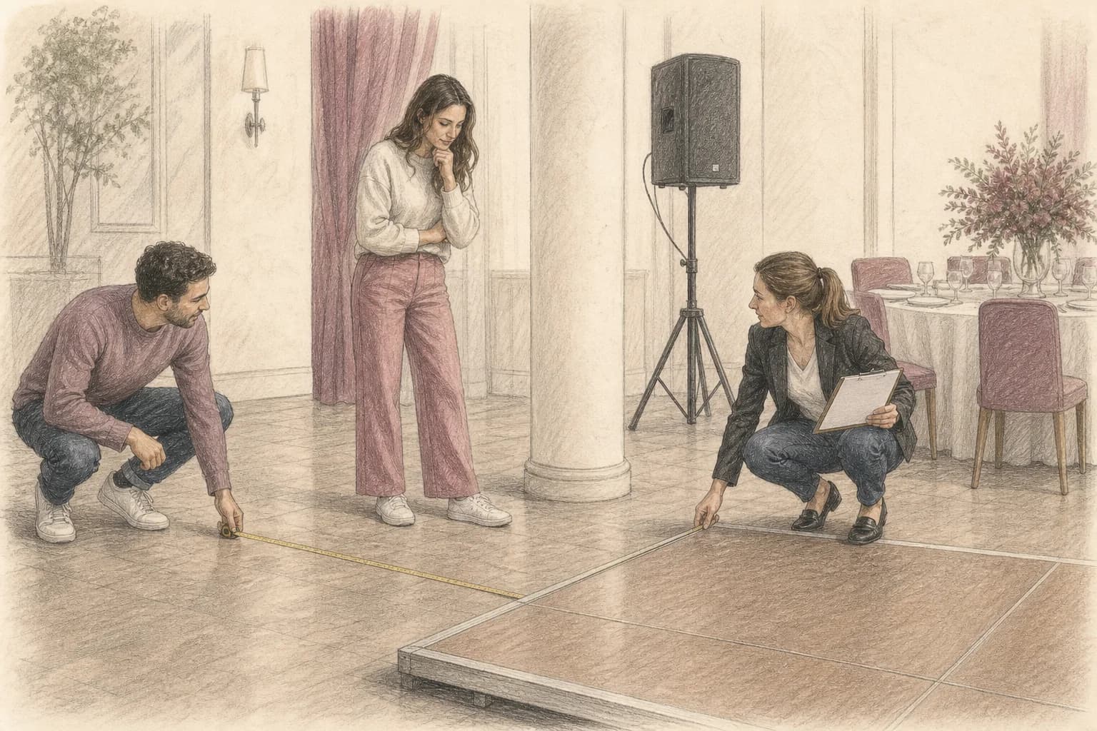 Illustrazione di un sopralluogo con metro, colonne, casse e bordo della pedana controllati prima del primo ballo