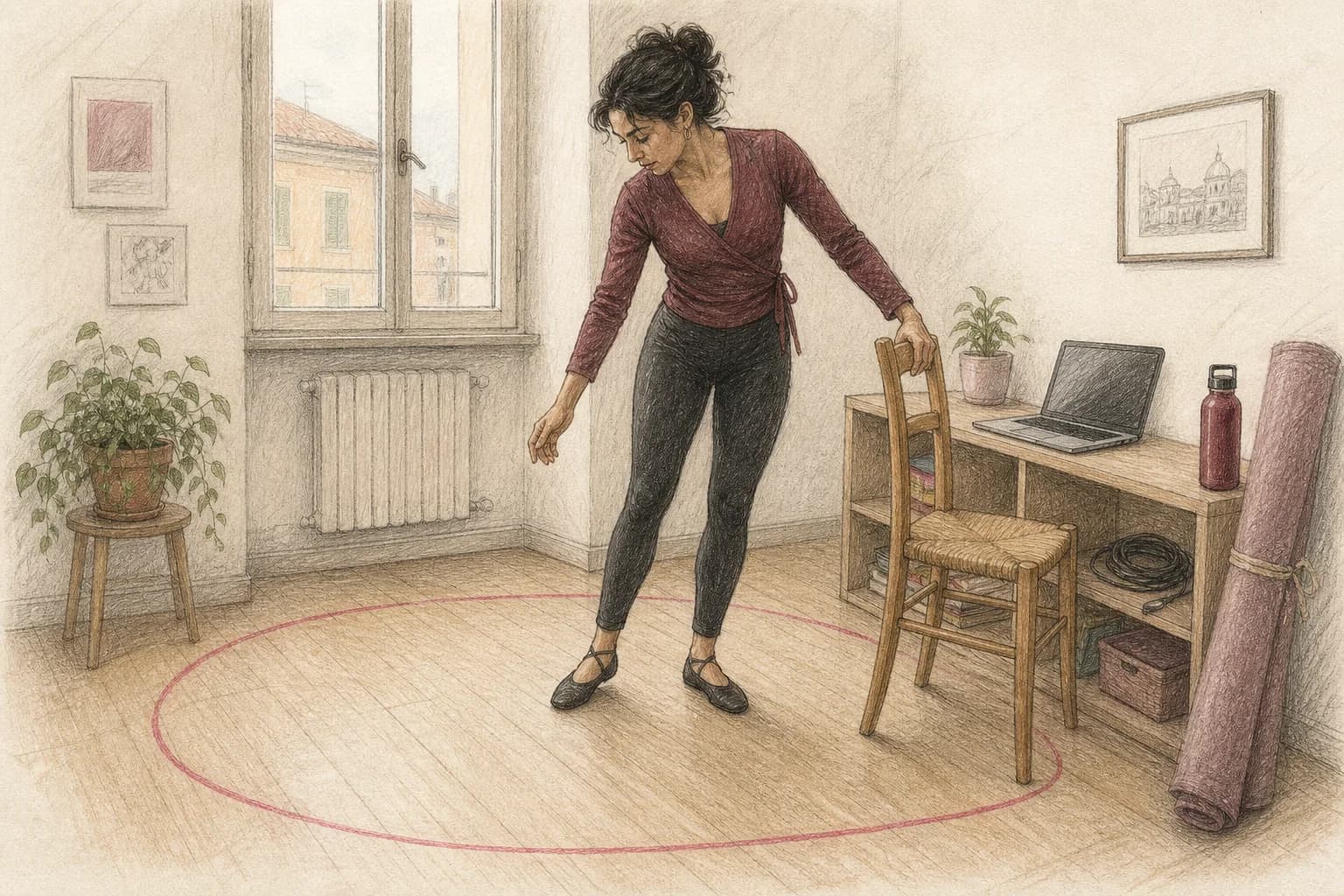 Illustrazione di una donna che prepara un piccolo spazio domestico per una lezione Latin Solo