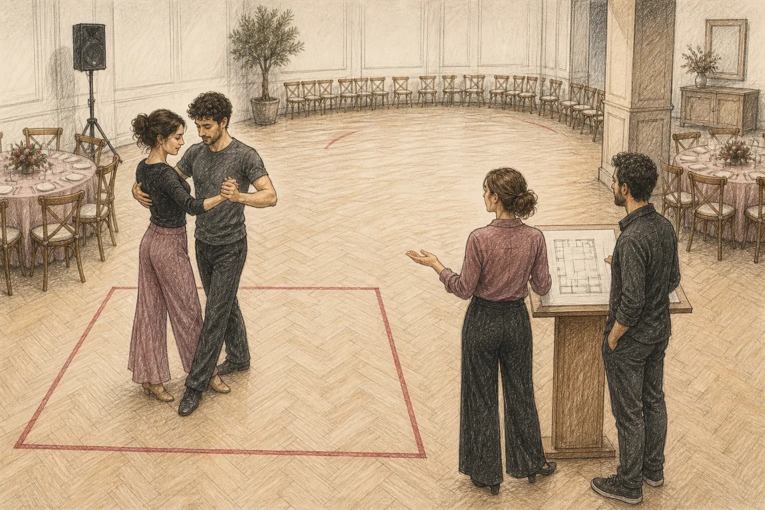 Illustrazione di una coppia e una coordinatrice che distinguono il rettangolo del primo ballo dalla pista destinata agli invitati