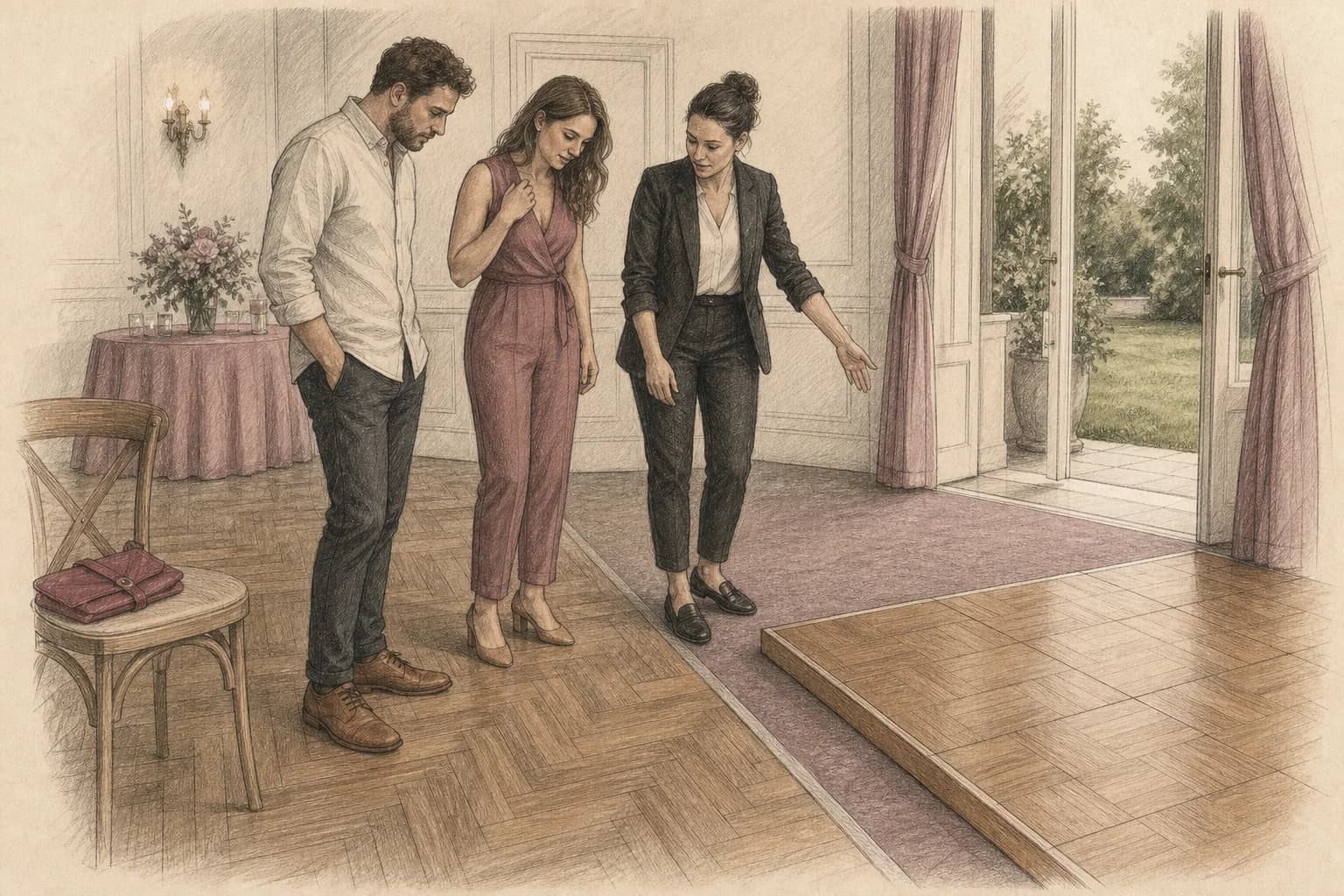 Illustrazione di un sopralluogo in cui una coppia confronta parquet, moquette, prato e una pedana modulare