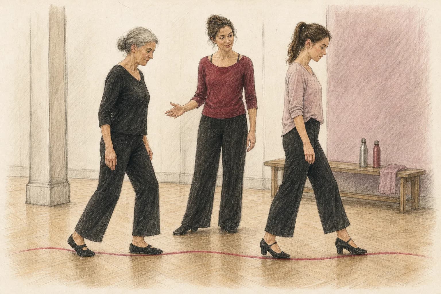 Illustrazione di due principianti che confrontano una scarpa da pratica stabile e una scarpa con tacco basso