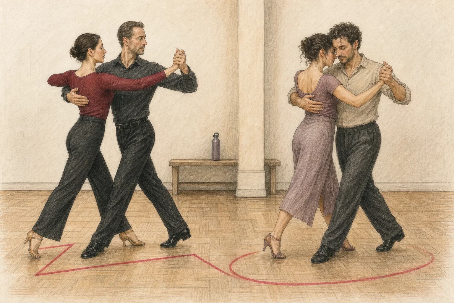 Illustrazione di due coppie che confrontano la presa del Tango Standard e l’abbraccio del Tango Argentino