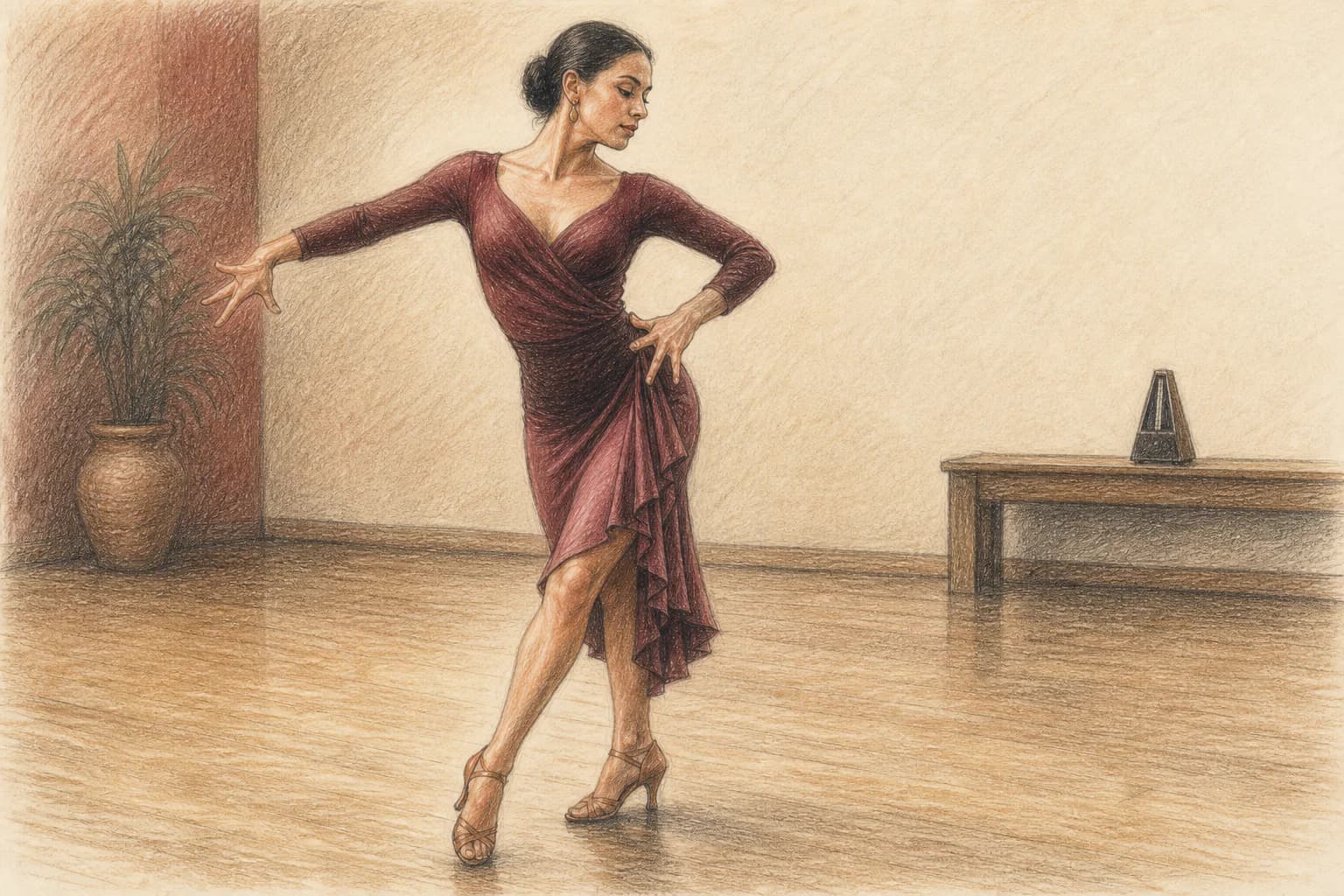 Illustrazione di una ballerina che continua l’azione del corpo dopo aver appoggiato il piede sul tempo musicale