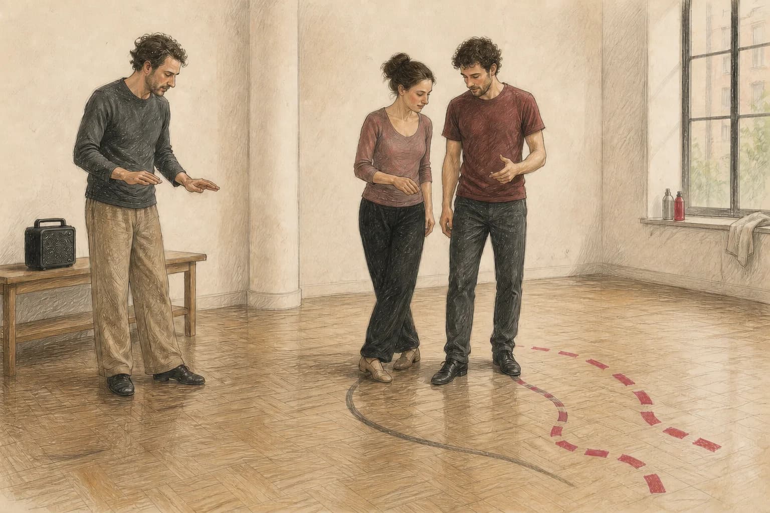Illustrazione di una coppia che verifica la stessa canzone prima con il battito, poi con un passo base e infine con un secondo candidato