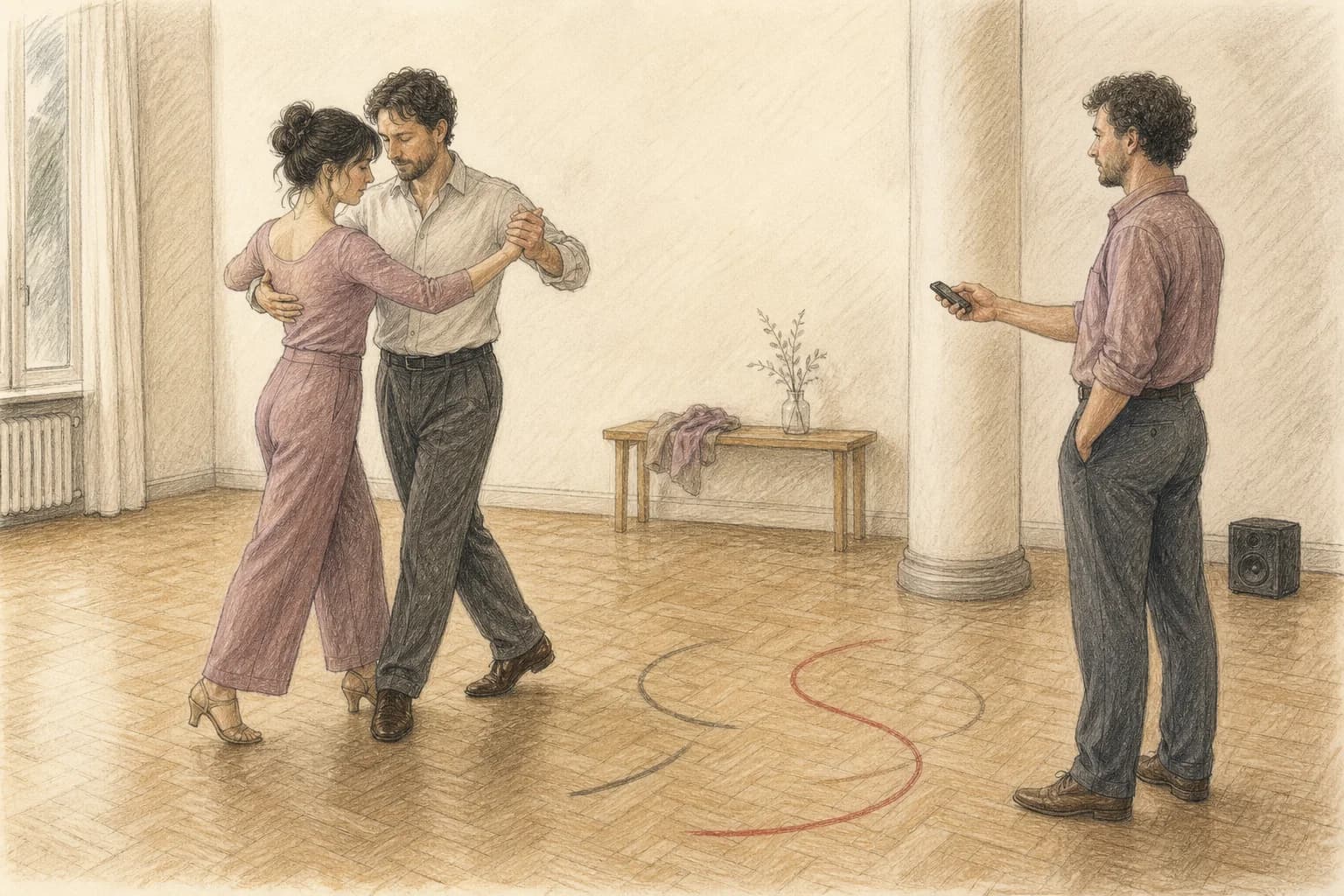 Illustrazione di una coppia e un insegnante che provano tre strutture diverse sullo stesso tratto musicale