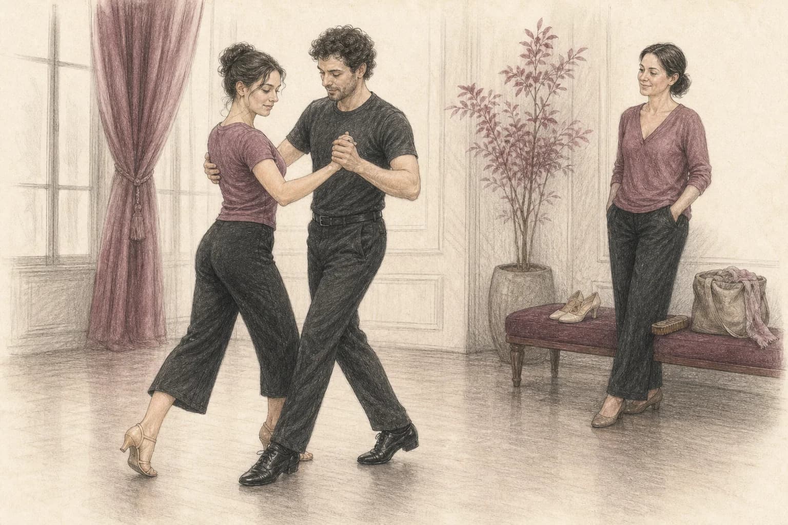 Illustrazione di una coppia che esegue passi avanti, laterali e una rotazione lenta per testare le scarpe