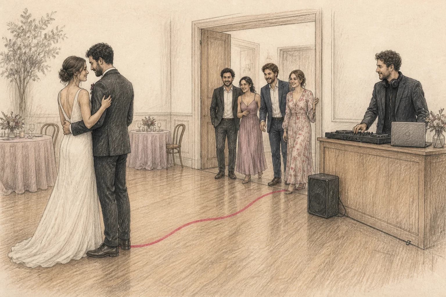 Illustrazione del DJ che prepara il passaggio senza silenzio dal primo ballo alla musica per gli invitati