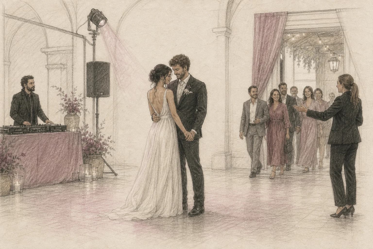 Illustrazione del passaggio dal finale del primo ballo all'ingresso ordinato degli invitati