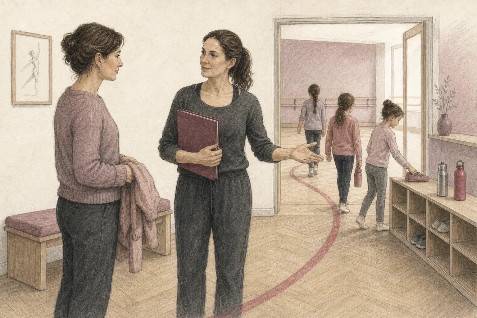 Illustrazione di un genitore che riceve informazioni chiare mentre un piccolo gruppo di bambini entra in sala con l'insegnante