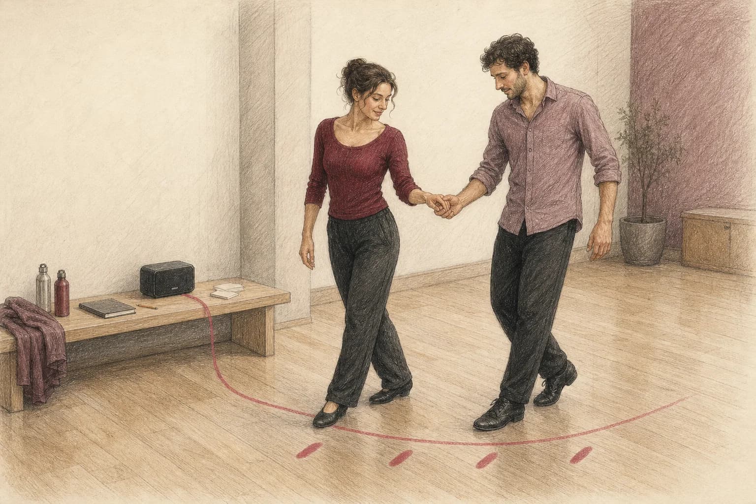 Illustrazione di una coppia che ascolta la stessa canzone da ferma e poi la prova con un movimento semplice