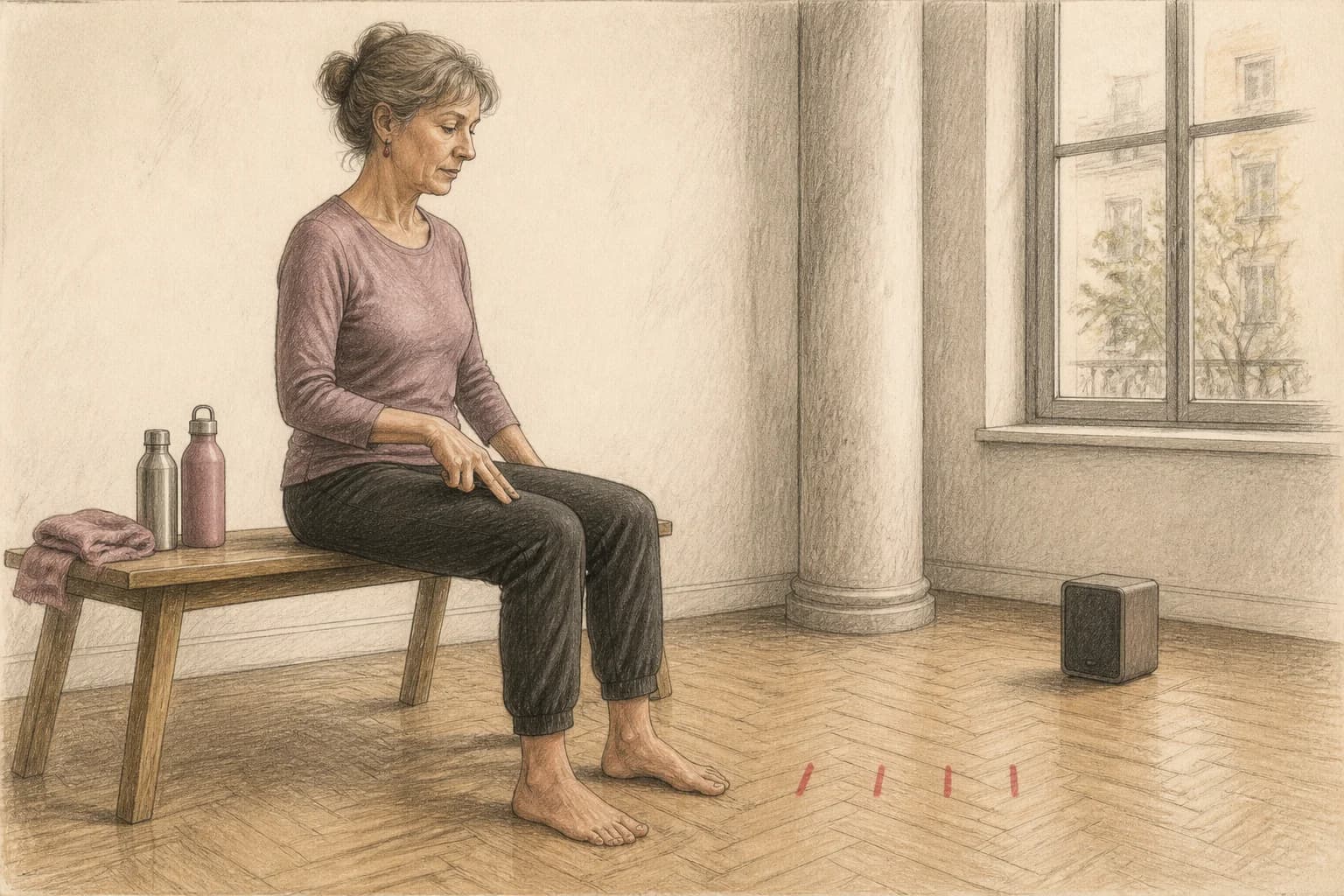 Illustrazione di una principiante seduta che mantiene una pulsazione regolare con due dita mentre ascolta la musica