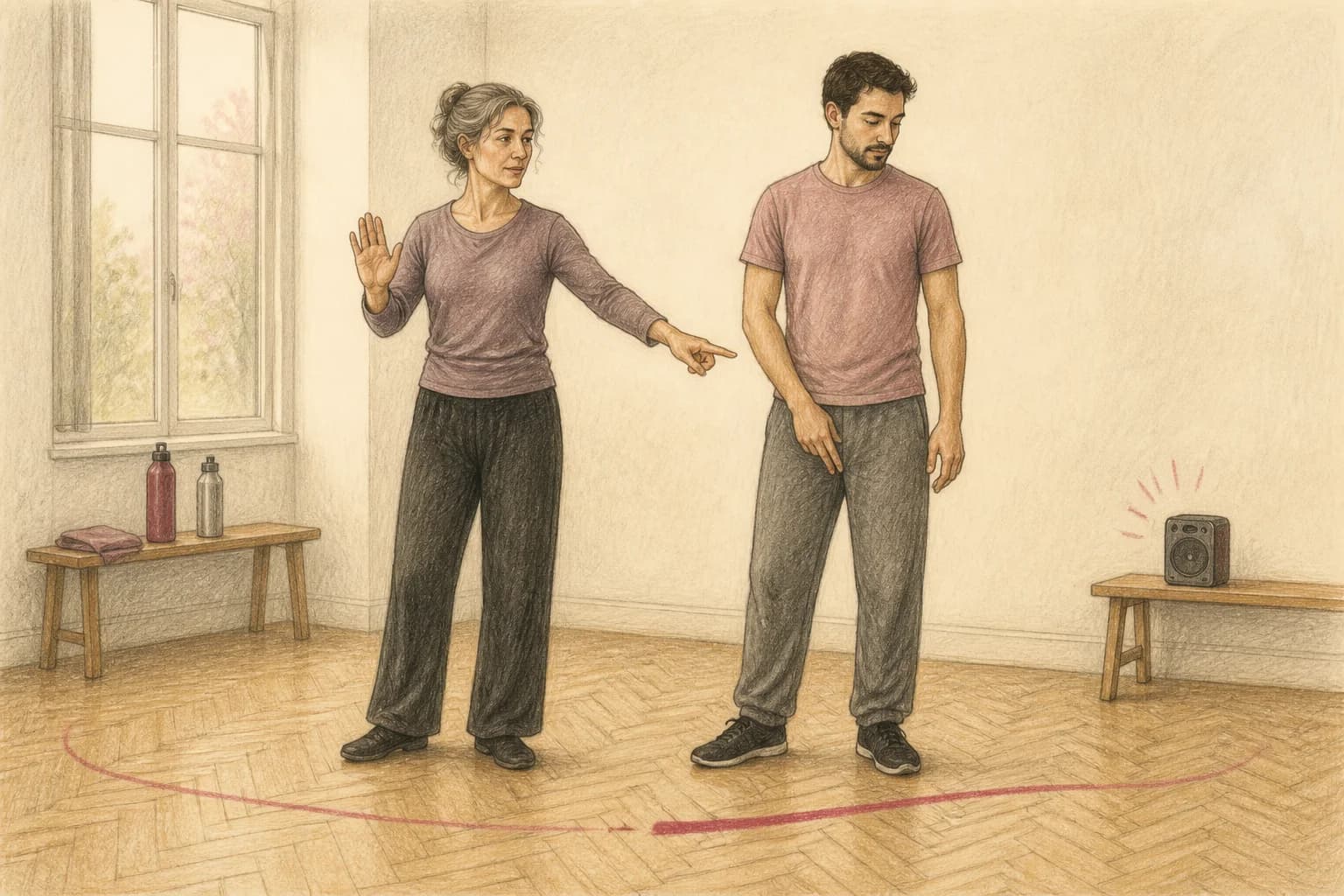 Illustrazione di un’insegnante e una principiante che aspettano un cambio musicale prima di segnare il primo tempo
