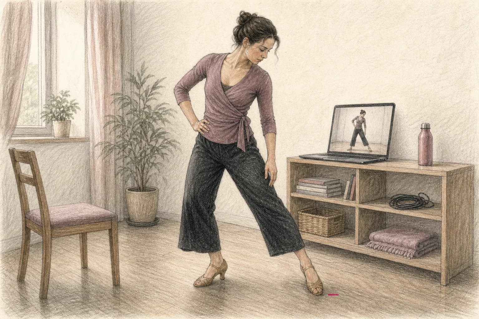 Illustrazione di una donna che prova un singolo movimento scelto da un tutorial gratuito