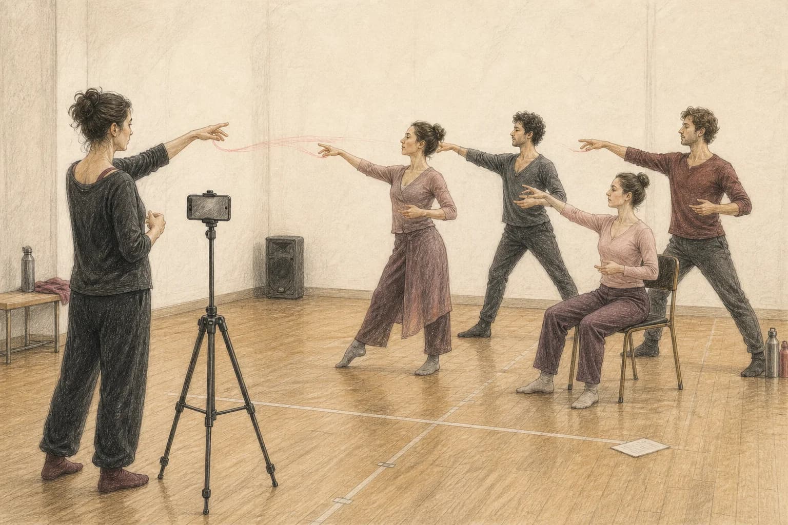 Illustrazione di una coreografa che registra un tutorial mentre due piccoli gruppi provano la stessa frase con ampiezze diverse