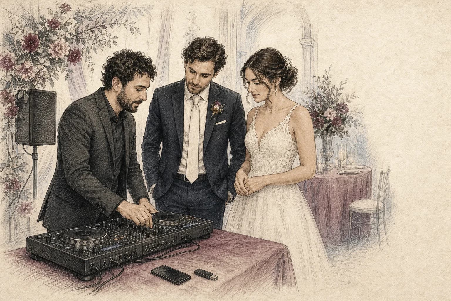Illustrazione di una coppia che verifica con il DJ il file definitivo e il segnale di partenza del medley