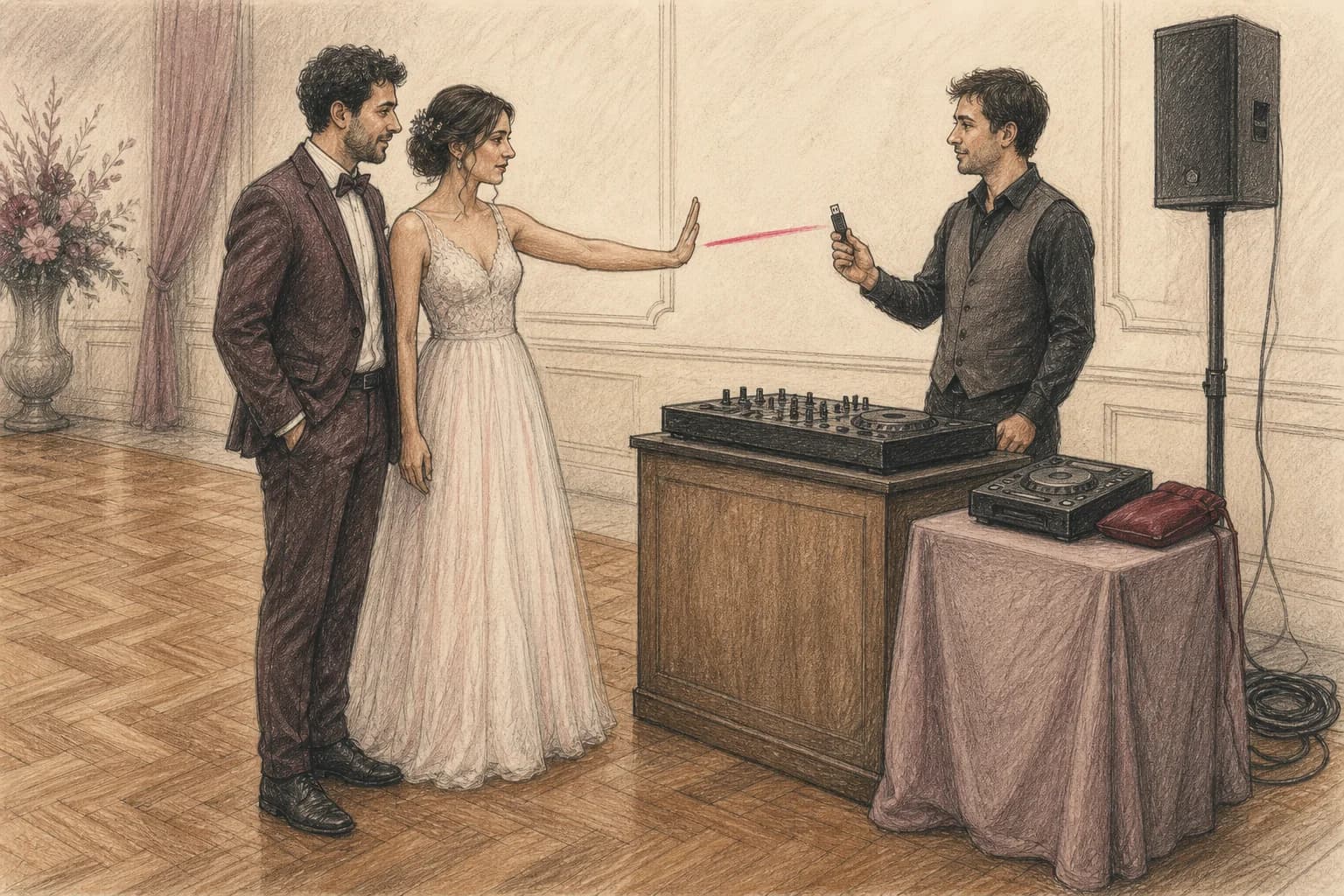 Illustrazione di una coppia e un DJ che verificano due copie locali della traccia e il segnale di chiusura