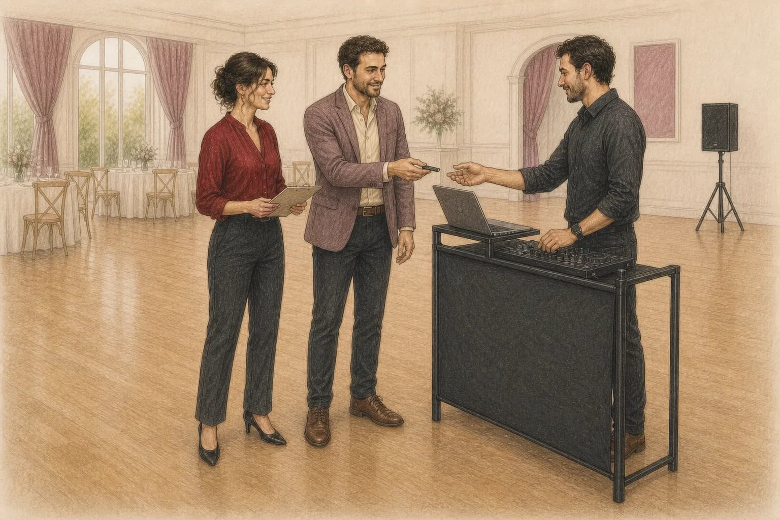 Illustrazione di una coppia che consegna al DJ una scheda semplice con versione, attacco e finale del primo ballo