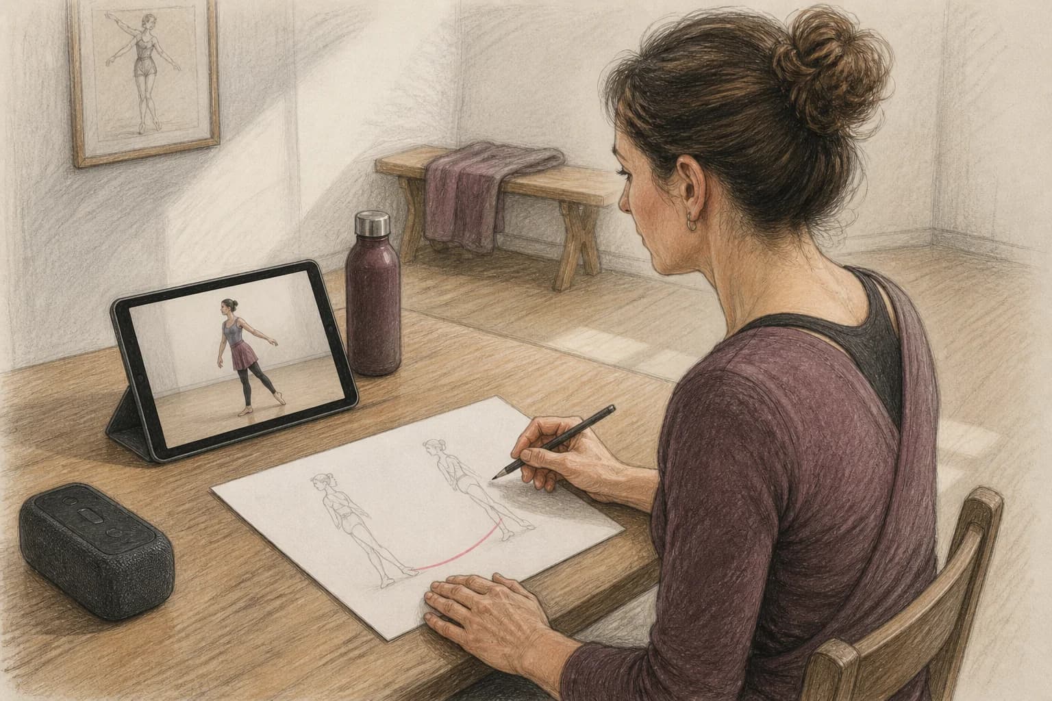 Illustrazione di un’insegnante che osserva un breve video di pratica e prepara una correzione precisa
