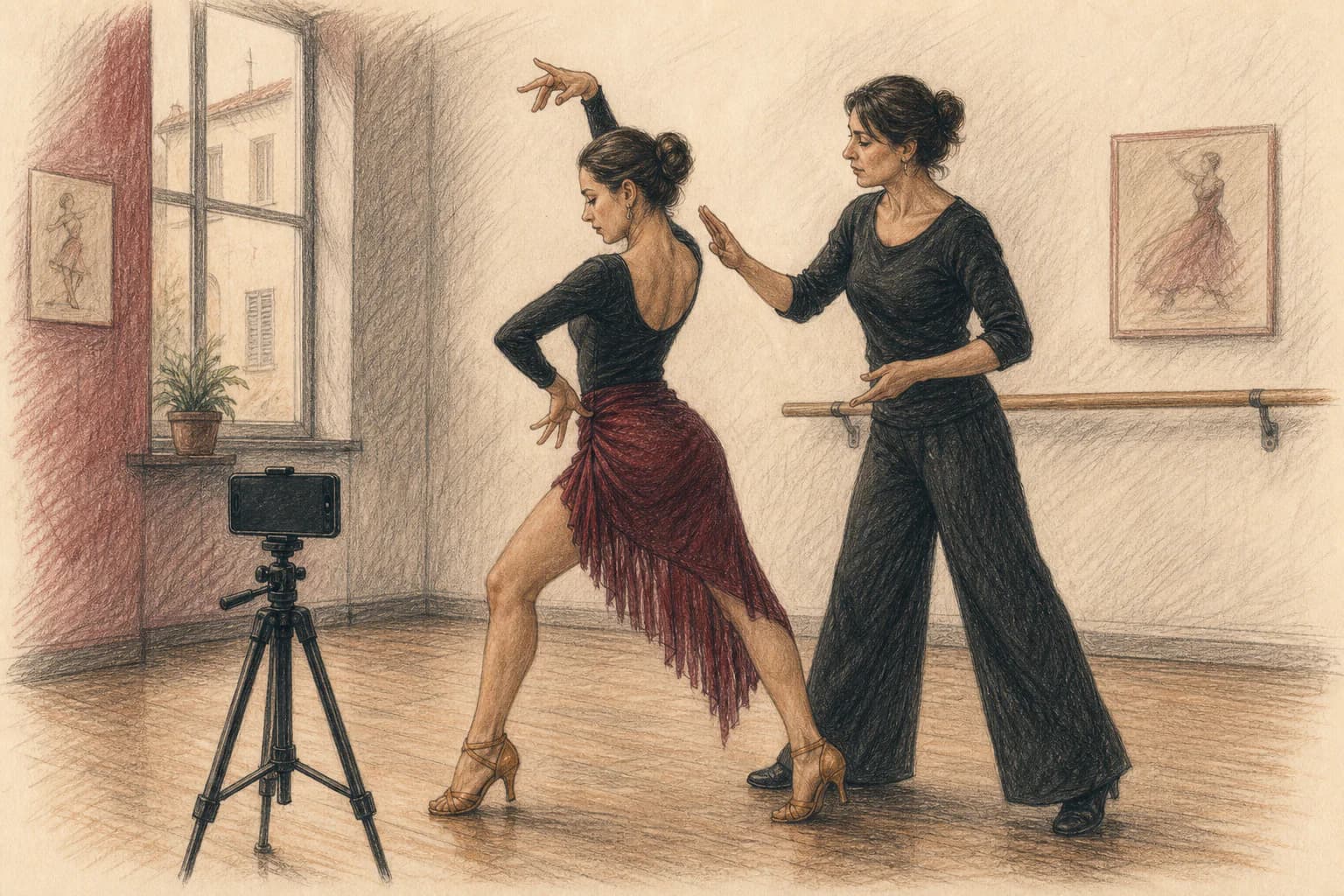 Illustrazione di una principiante che registra un breve esercizio di Rumba con il corpo intero nell’inquadratura