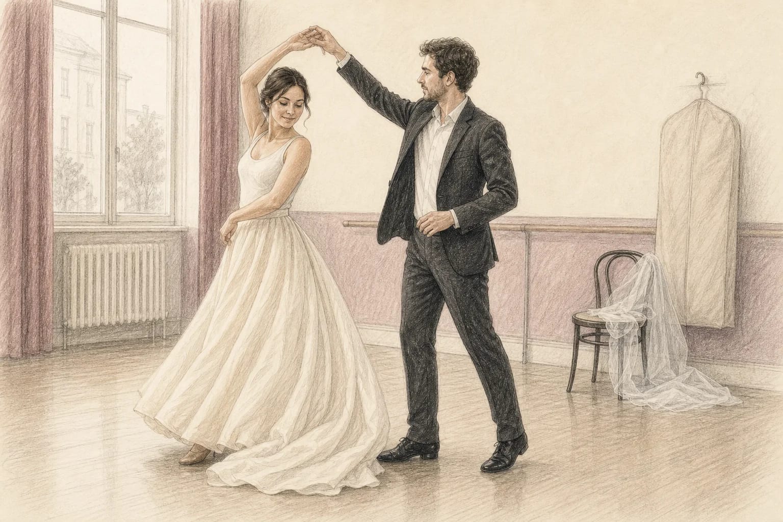 Illustrazione di una prova di movimento per il primo ballo con abito e giacca