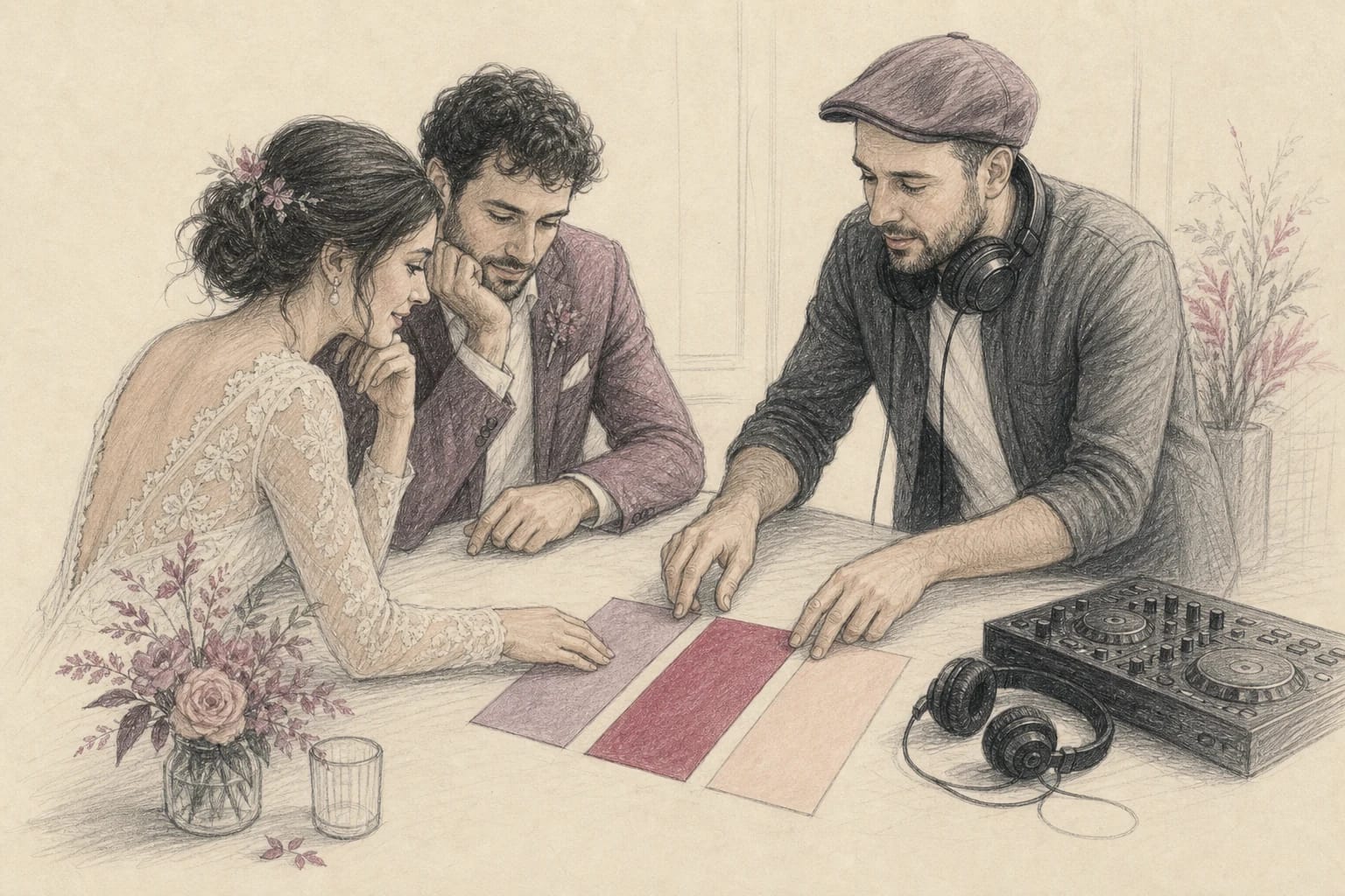 Illustrazione di una coppia e un DJ che ordinano tre sezioni musicali del primo ballo