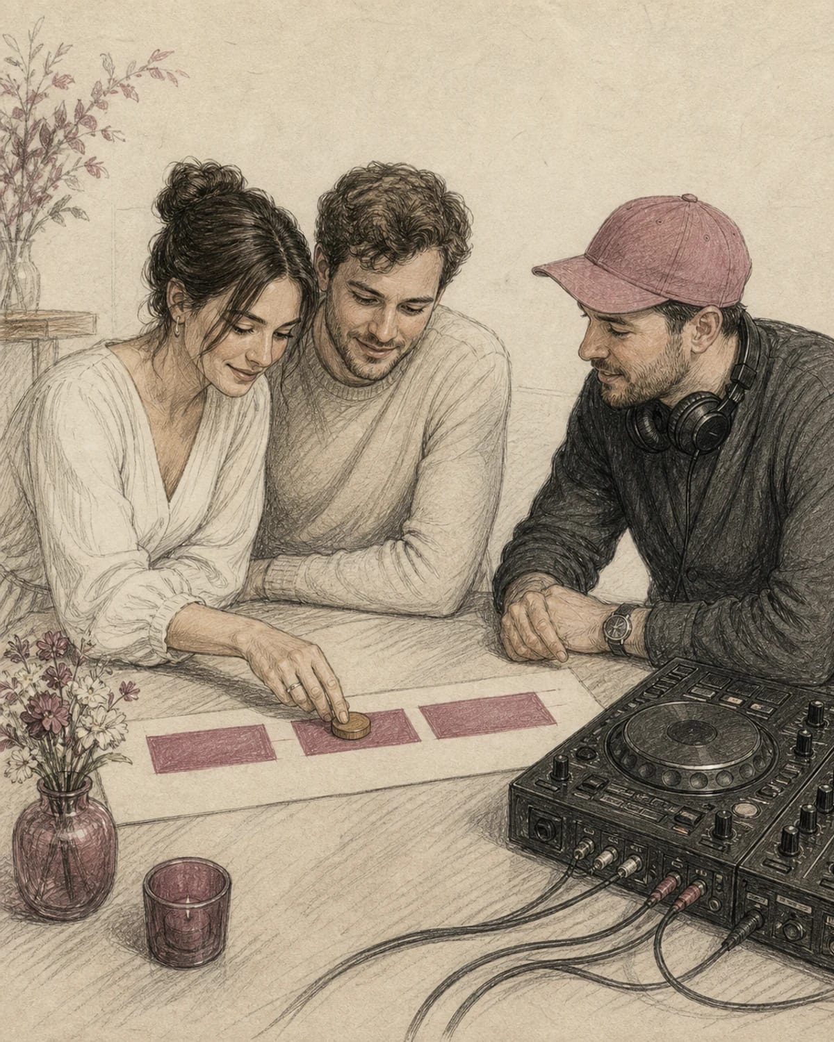 Illustrazione di una coppia e un DJ che scelgono le sezioni di una canzone per il primo ballo