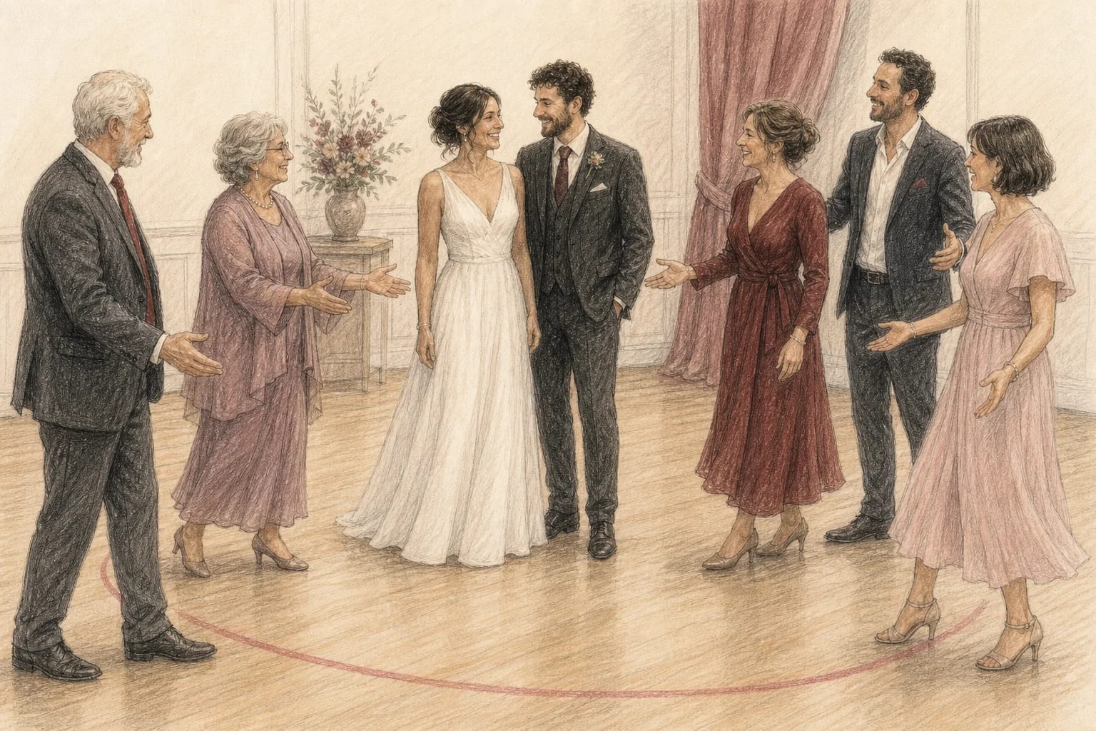 Illustrazione di genitori, amici e familiari riuniti liberamente attorno alla coppia sulla pista