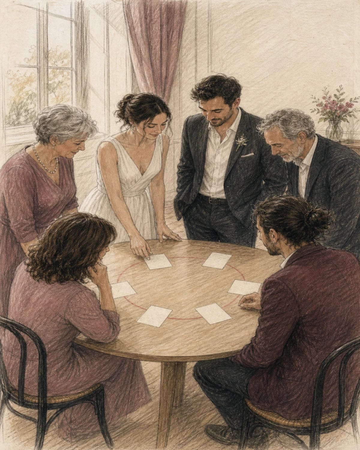 Illustrazione di una coppia che sceglie insieme a persone care un momento familiare senza ruoli prestabiliti