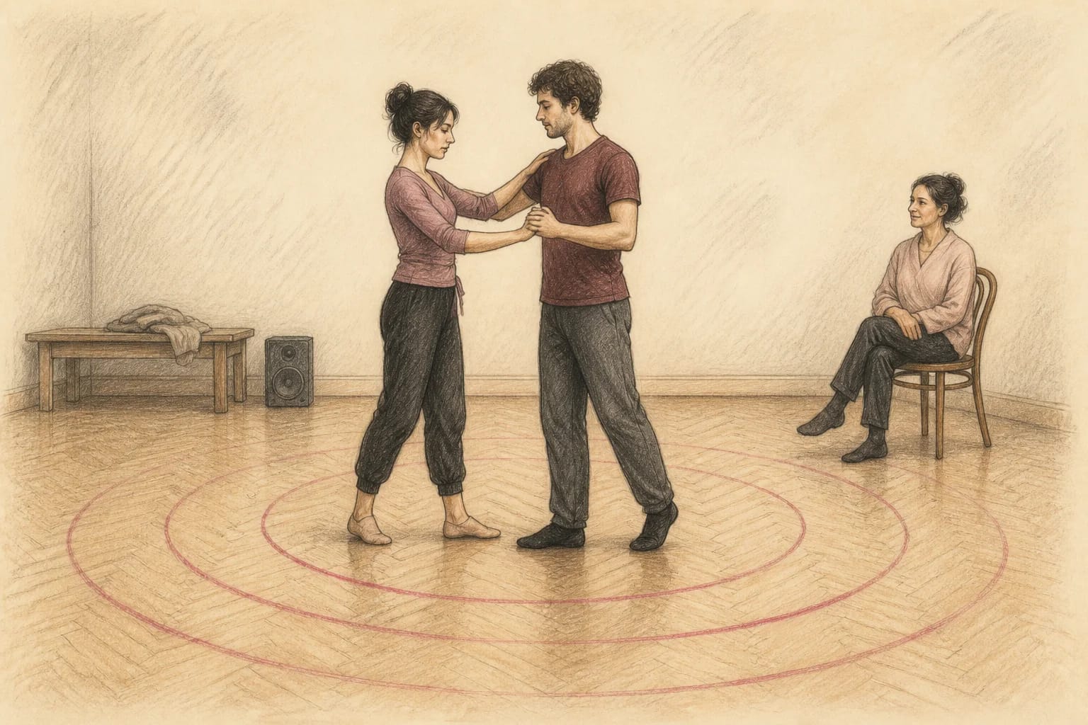 Illustrazione di una coppia che riduce gradualmente l’esposizione durante le prove del primo ballo