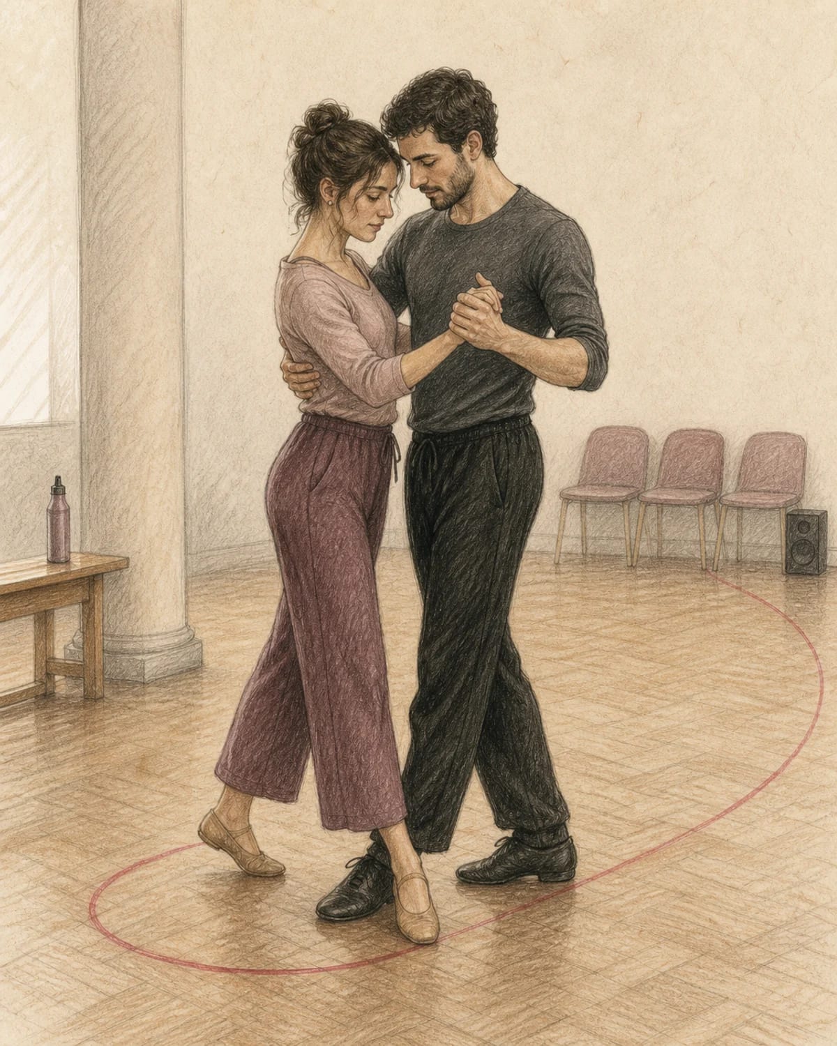 Illustrazione di una coppia che prova un primo ballo breve e rassicurante prima del matrimonio