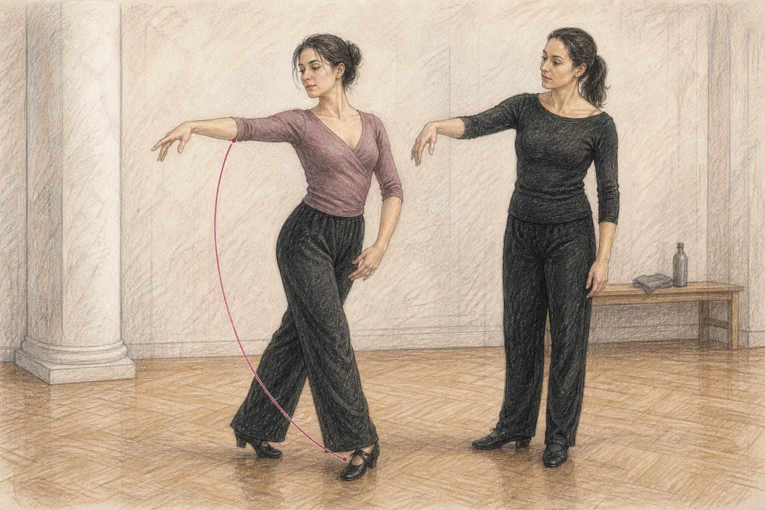 Illustrazione di un movimento del braccio collegato al corpo durante un passo latino
