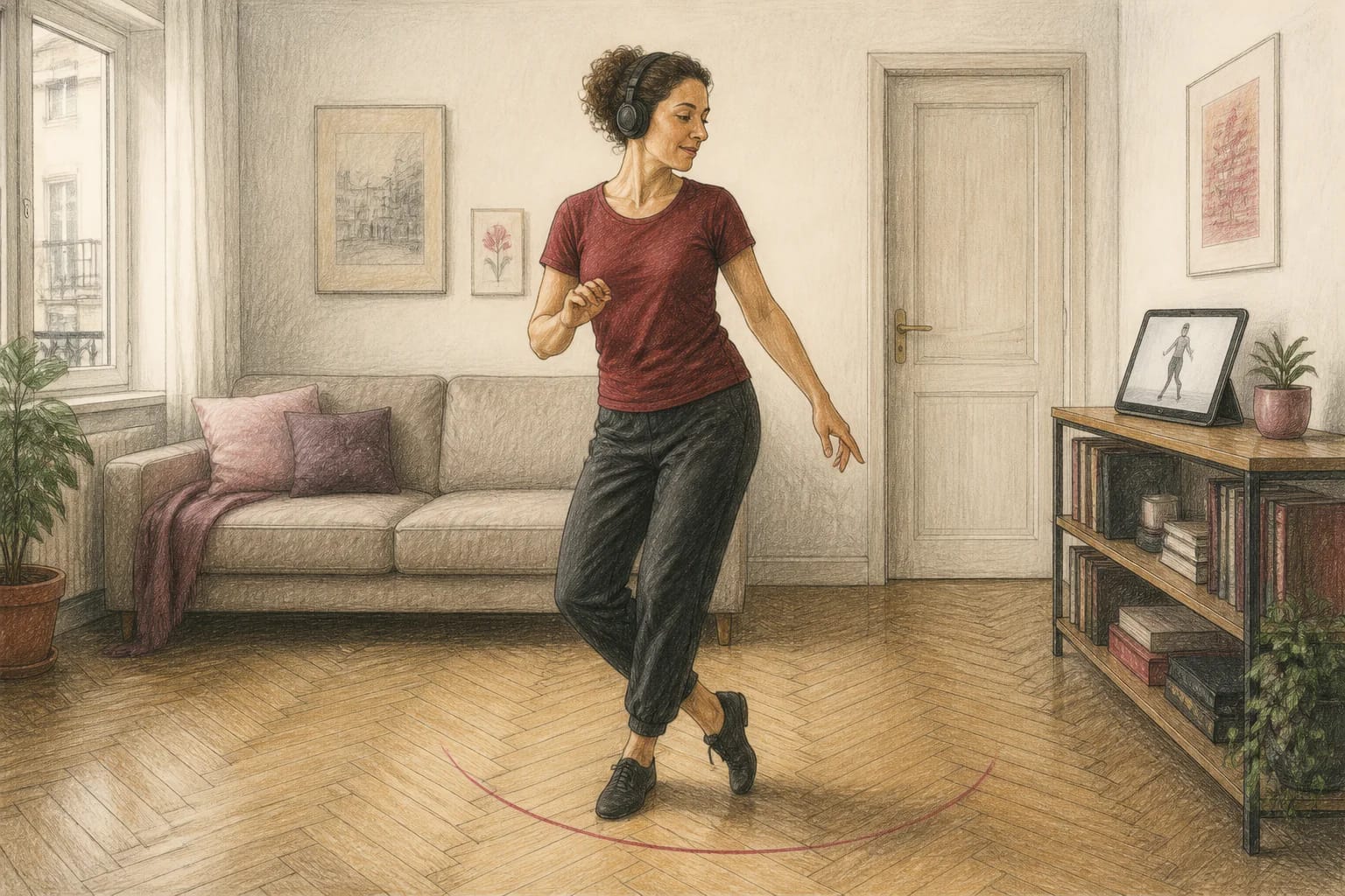Illustrazione di una pratica di ballo silenziosa con cuffie e passi piccoli