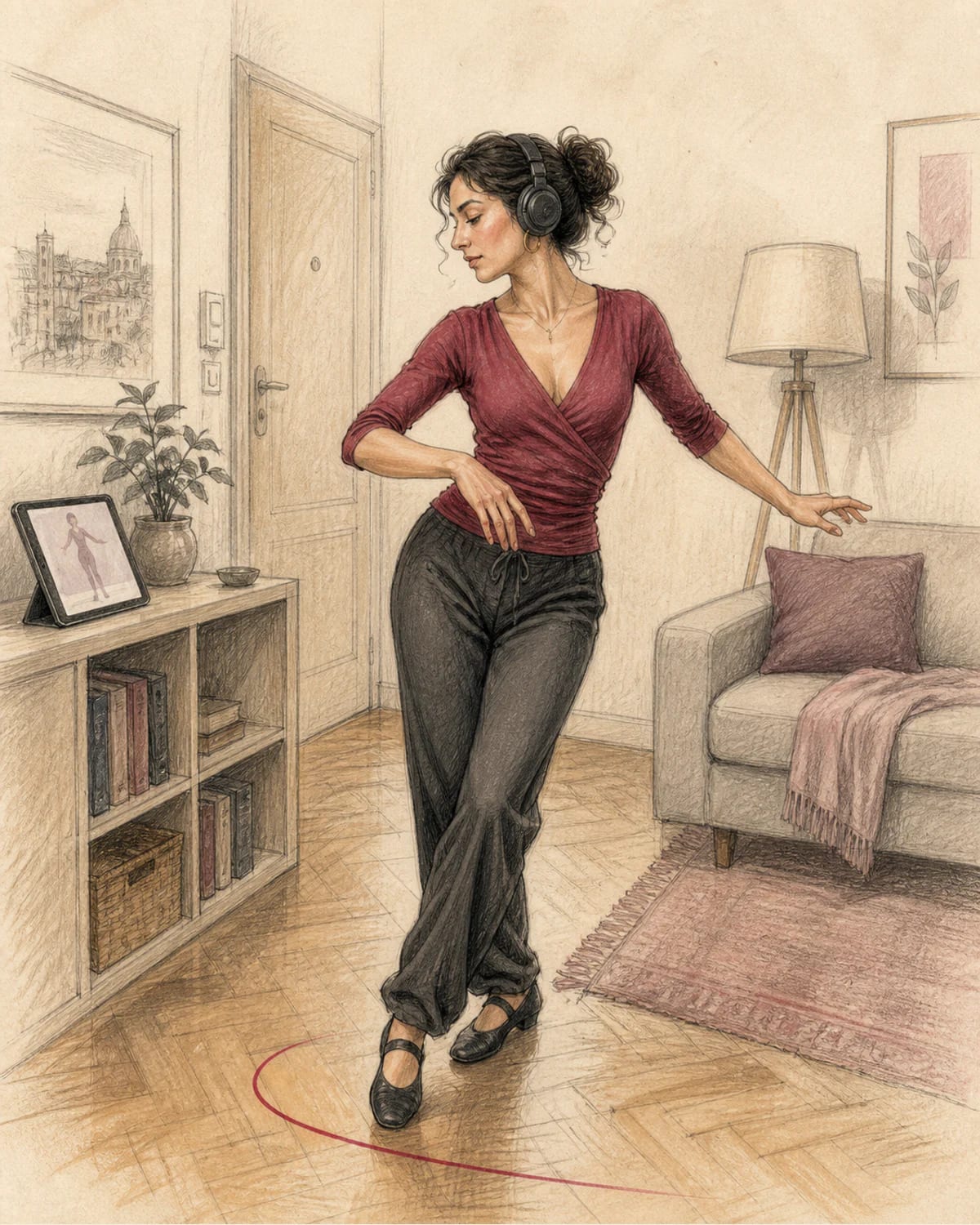 Illustrazione di una donna che pratica passi di danza leggeri nel soggiorno di un appartamento