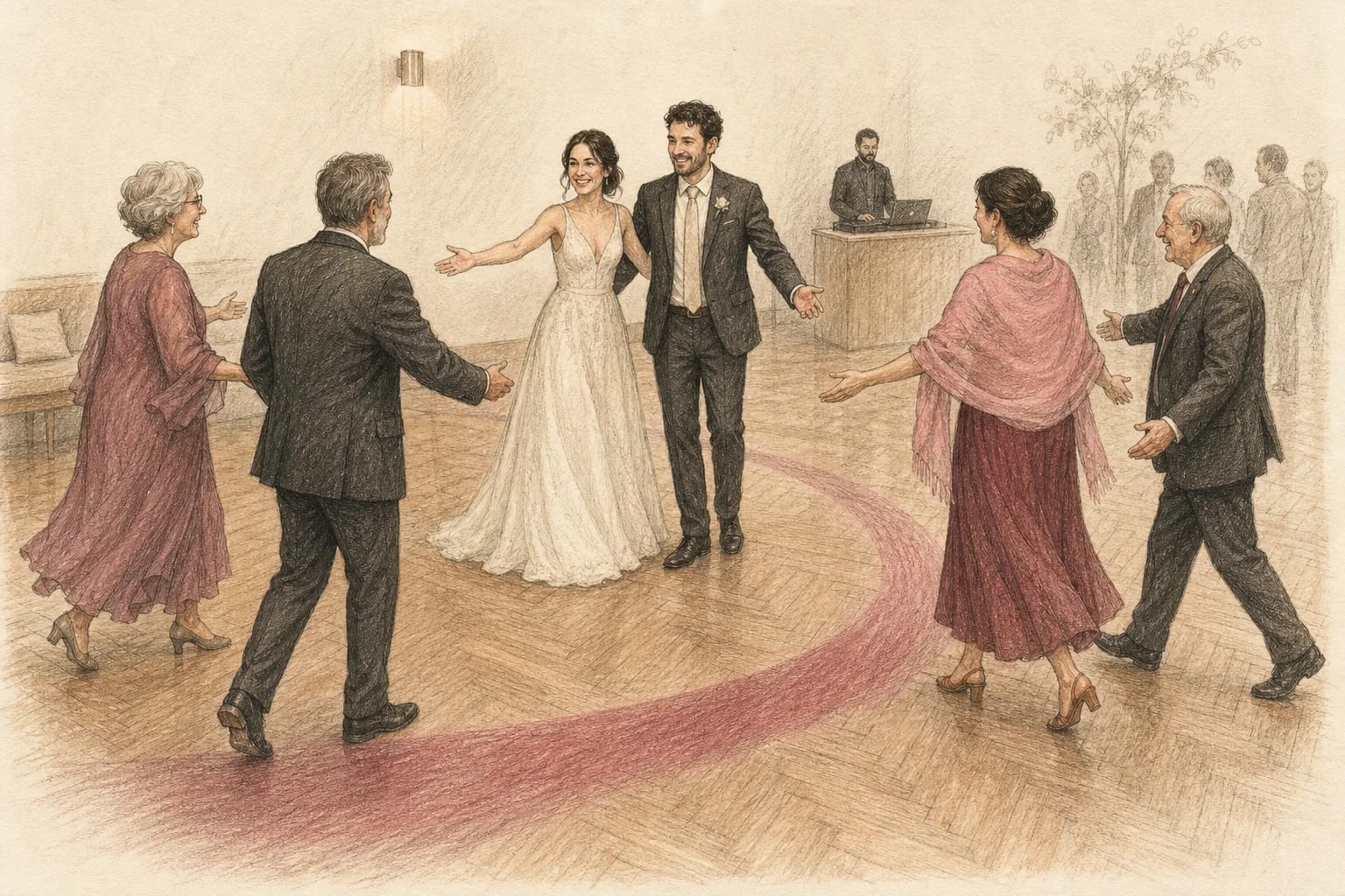 Illustrazione di una coppia che invita genitori e persone care a entrare insieme in pista