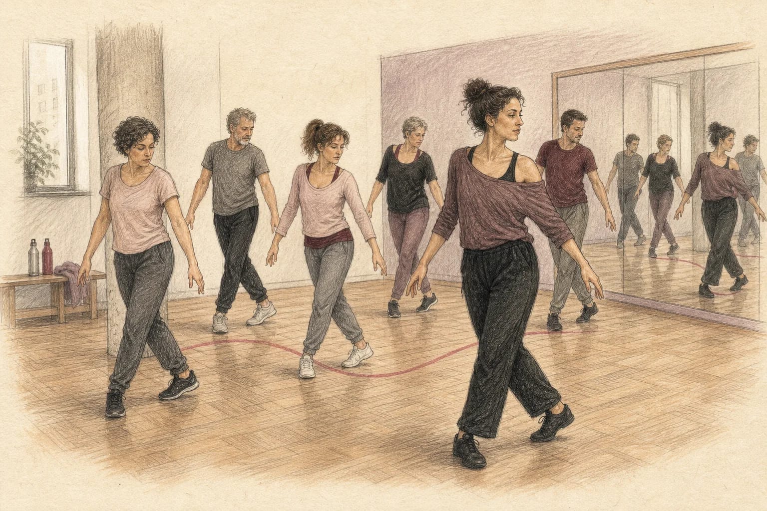 Illustrazione di adulti che imparano una coreografia individuale in gruppo