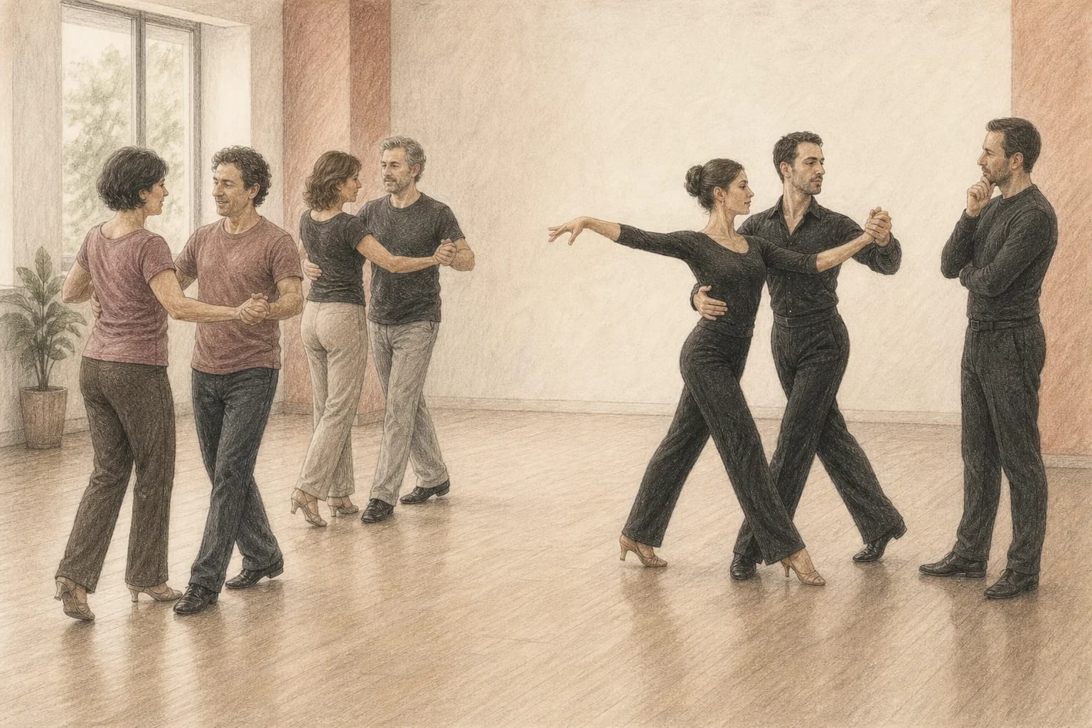 Illustrazione di due percorsi di ballo, uno sociale e uno sportivo, senza gerarchia fra loro