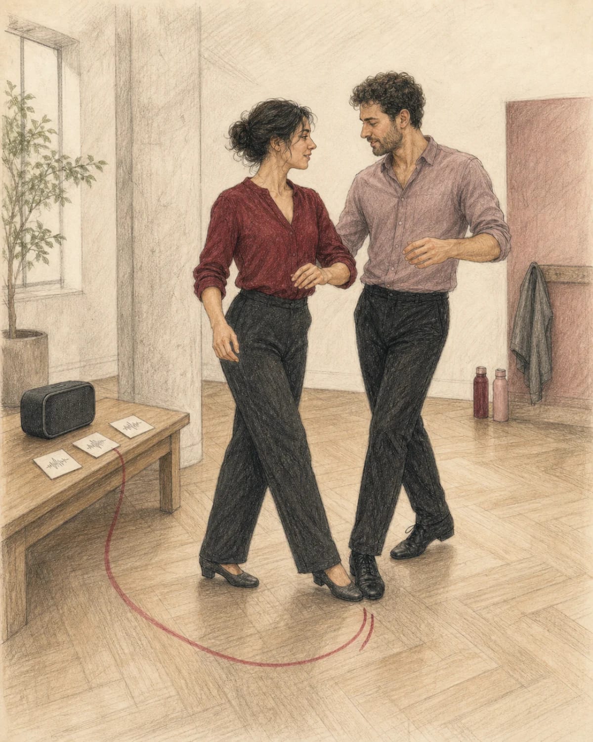 Illustrazione di una coppia che confronta tre canzoni muovendosi insieme in sala