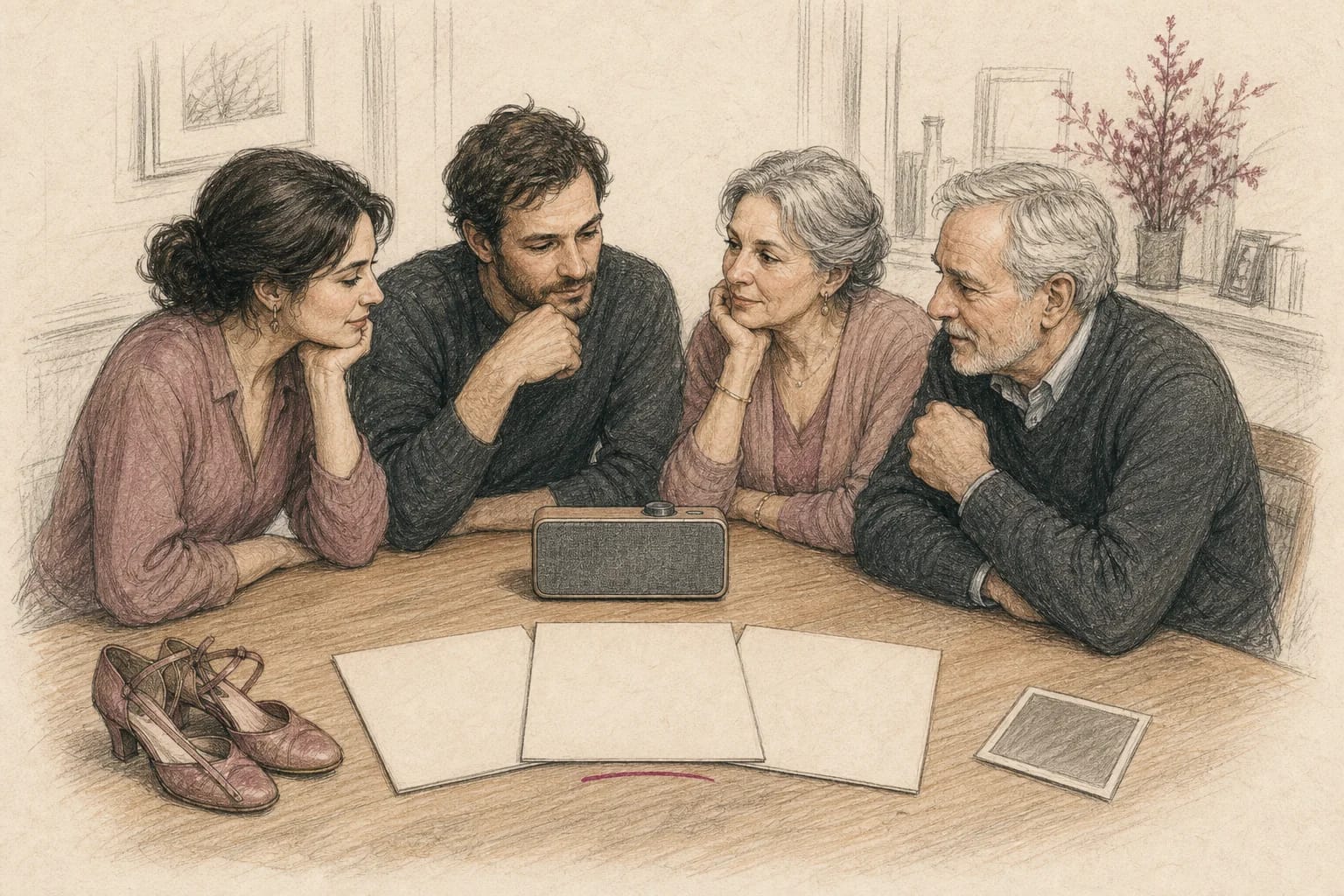 Illustrazione di due familiari che confrontano musica e ricordi per il loro ballo al matrimonio