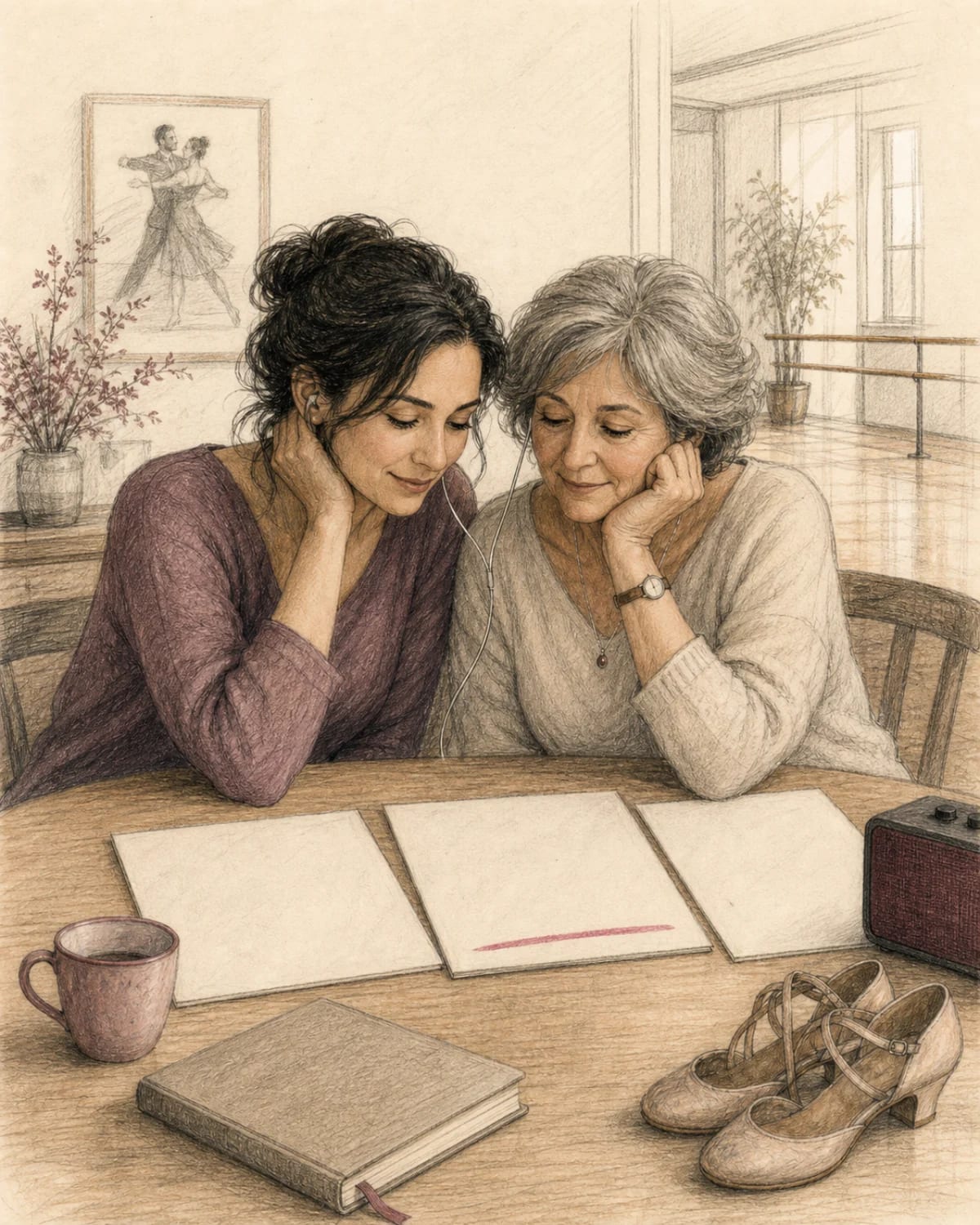 Illustrazione di una persona adulta e sua madre che ascoltano insieme tre brani prima di scegliere il ballo del matrimonio
