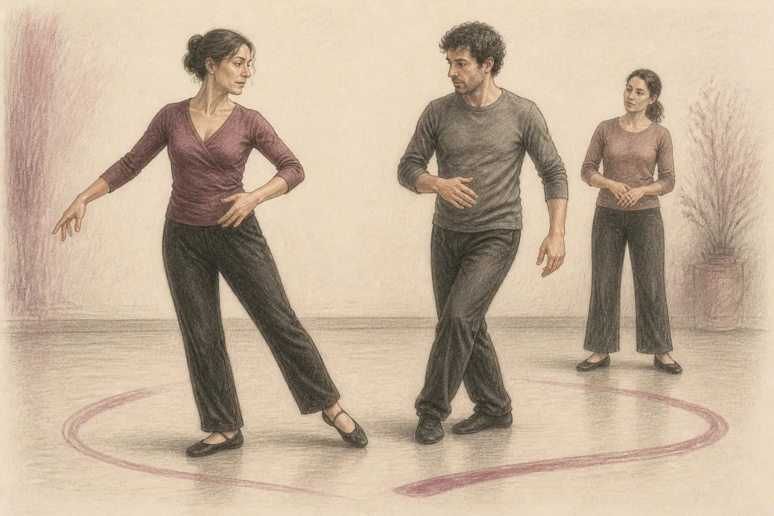 Illustrazione di una principiante che prova una sequenza semplice seguendo il ritmo
