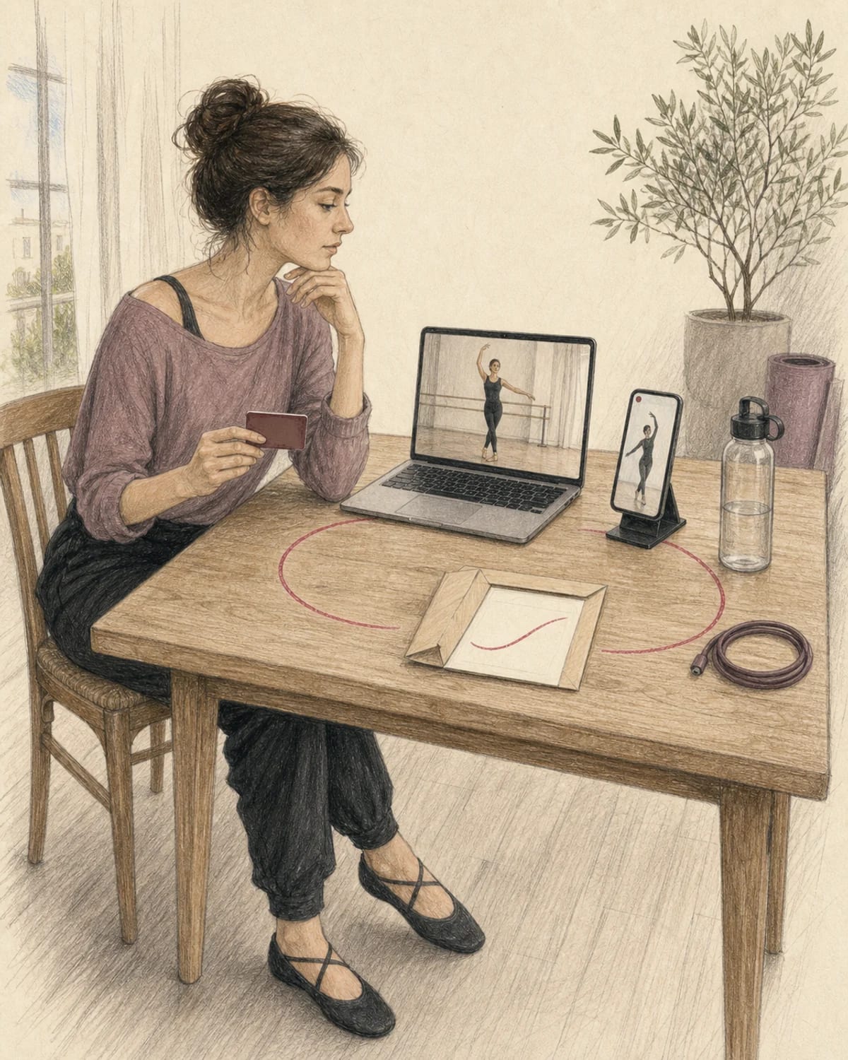 Illustrazione di una donna che confronta accesso video, lezioni live e feedback in un corso online