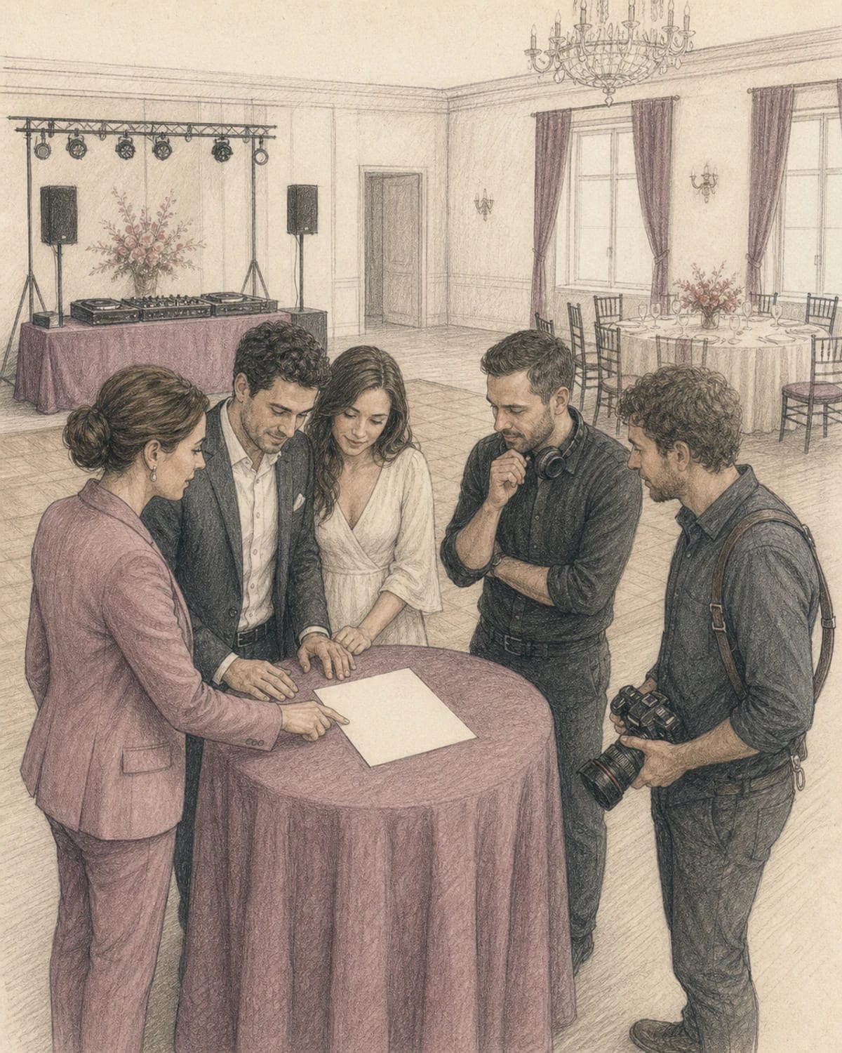 Illustrazione di una coppia che coordina la scheda tecnica del primo ballo con DJ, planner e fotografo