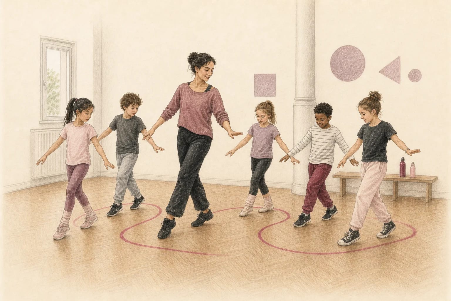 Illustrazione di bambini che seguono un esercizio ritmico con l’insegnante