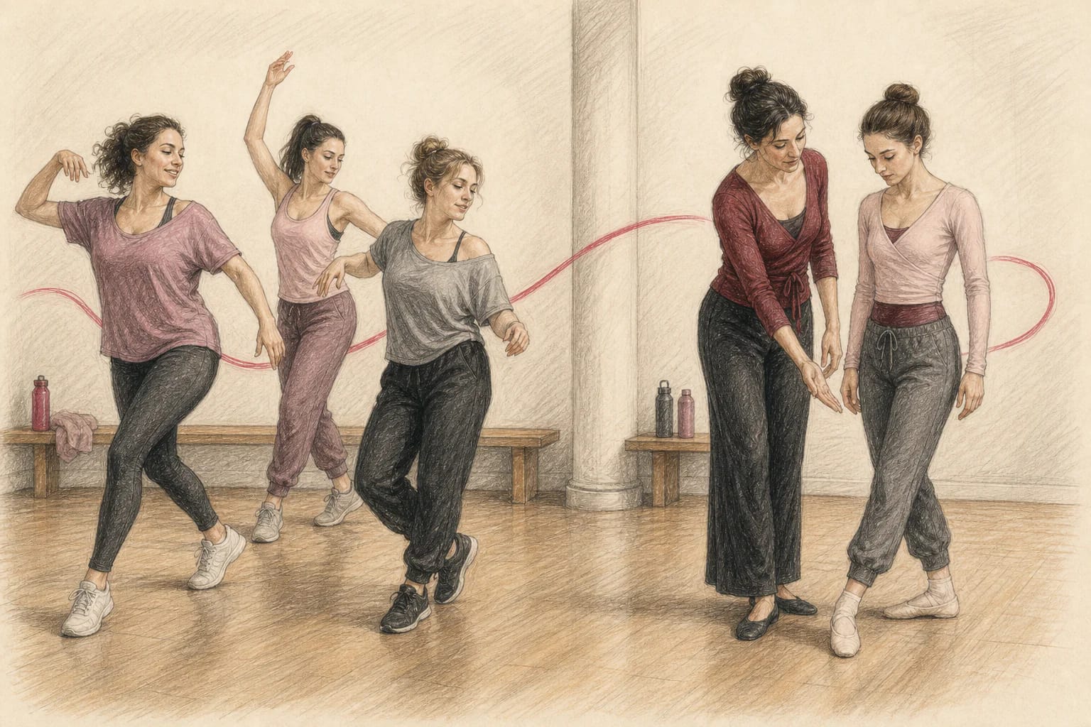 Illustrazione di un confronto fra movimento continuo e correzione di un passo di danza