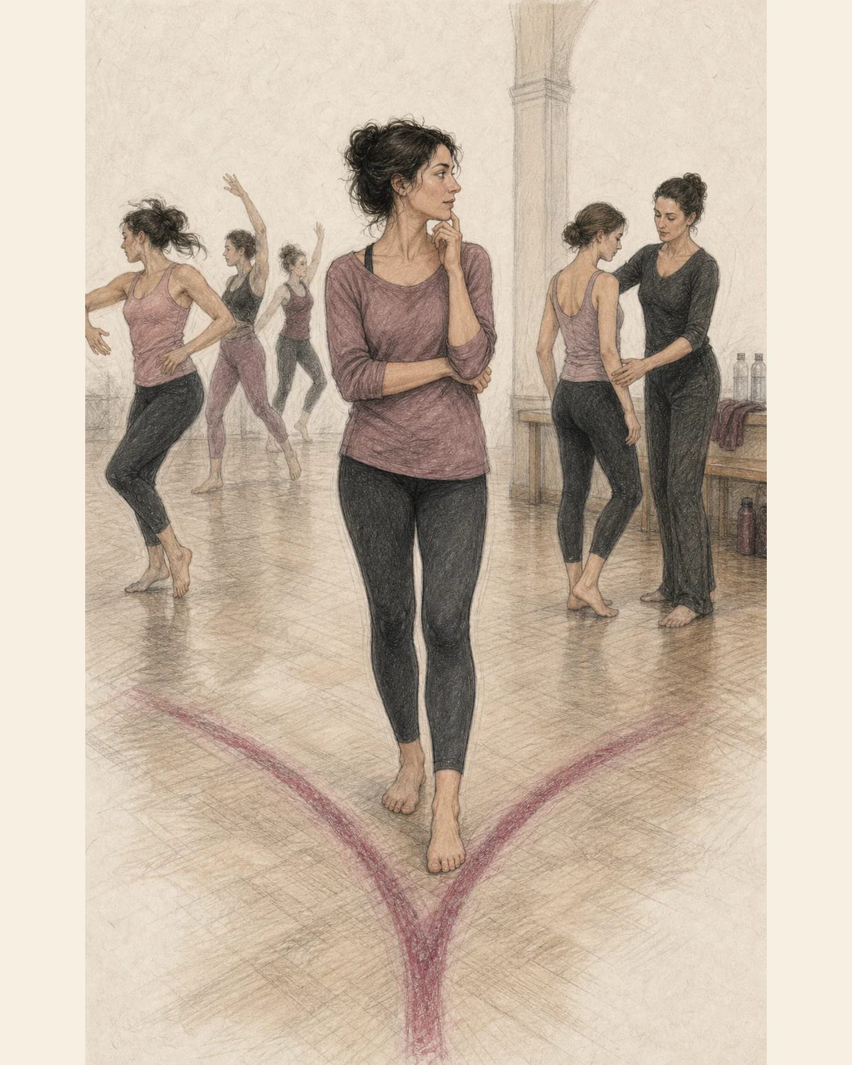 Illustrazione di una donna che confronta una lezione dinamica di danza fitness e uno studio tecnico di ballo