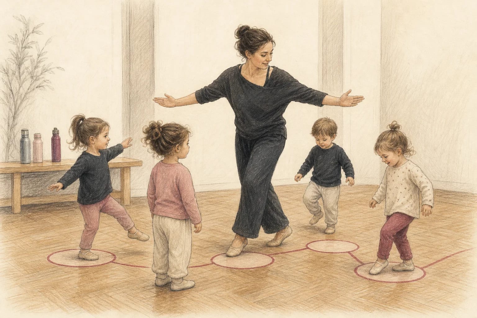 Illustrazione di bambini piccoli che seguono un gioco musicale con l’insegnante