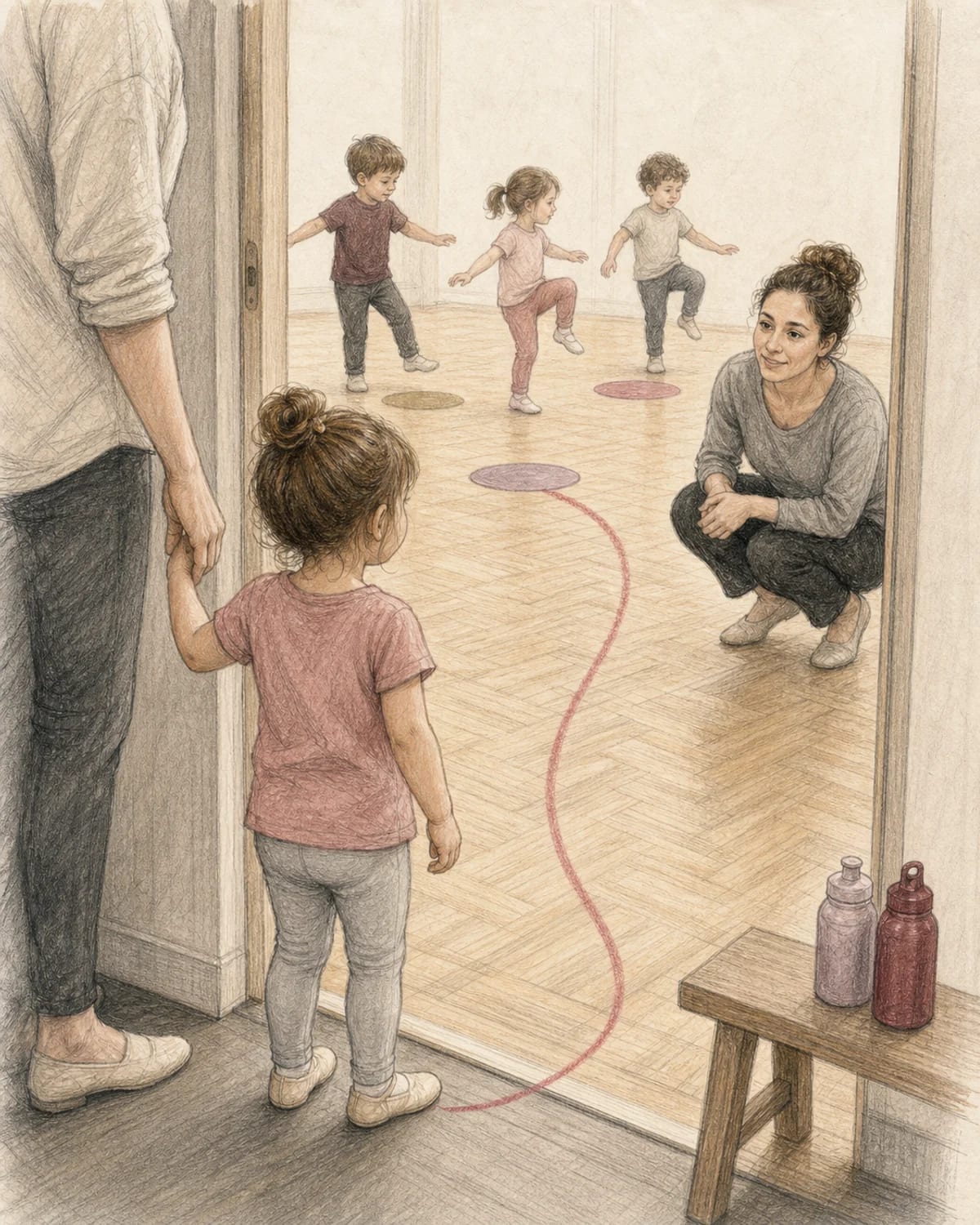 Illustrazione di una bambina di tre anni che entra con curiosità in una lezione di danza