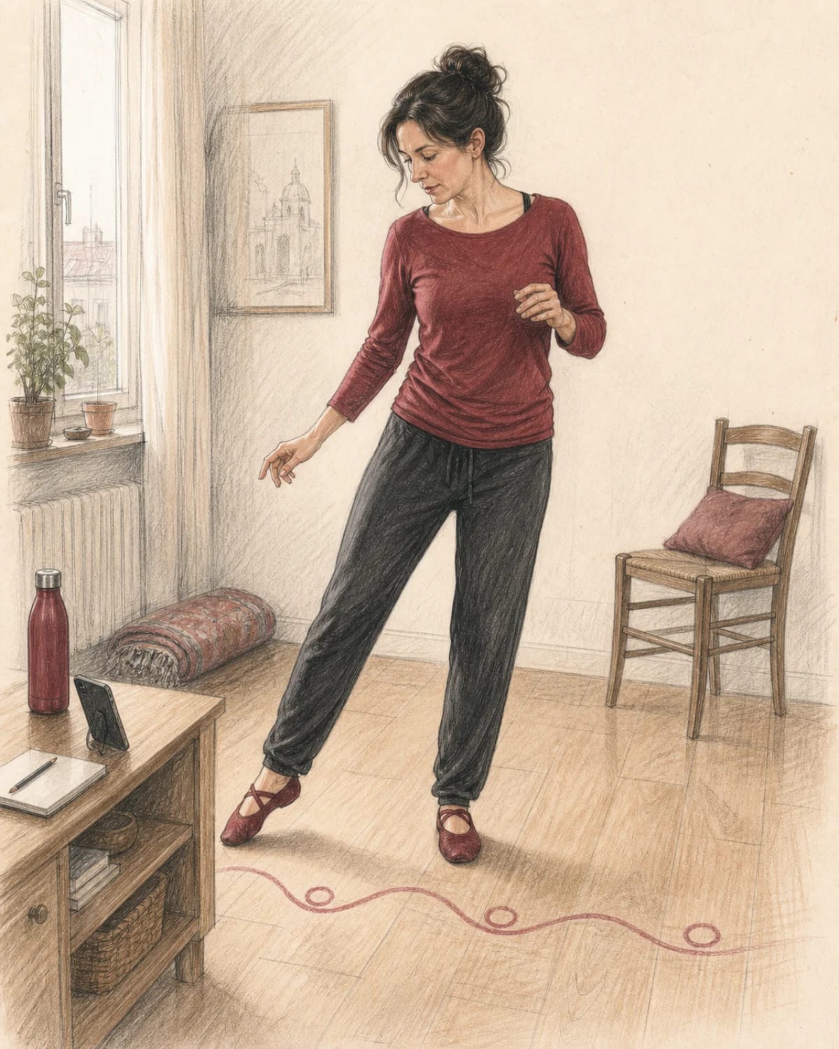 Illustrazione di una principiante che ripassa a casa un passo di ballo seguendo la musica