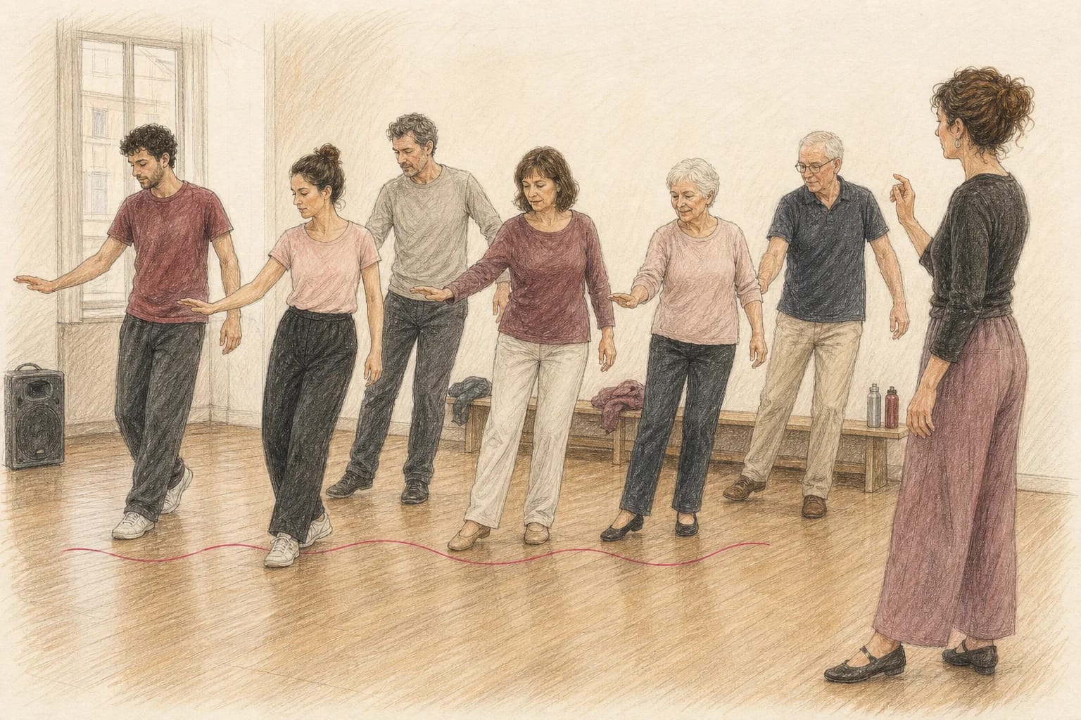 Illustrazione di invitati di età diverse che provano una coreografia semplice per un matrimonio