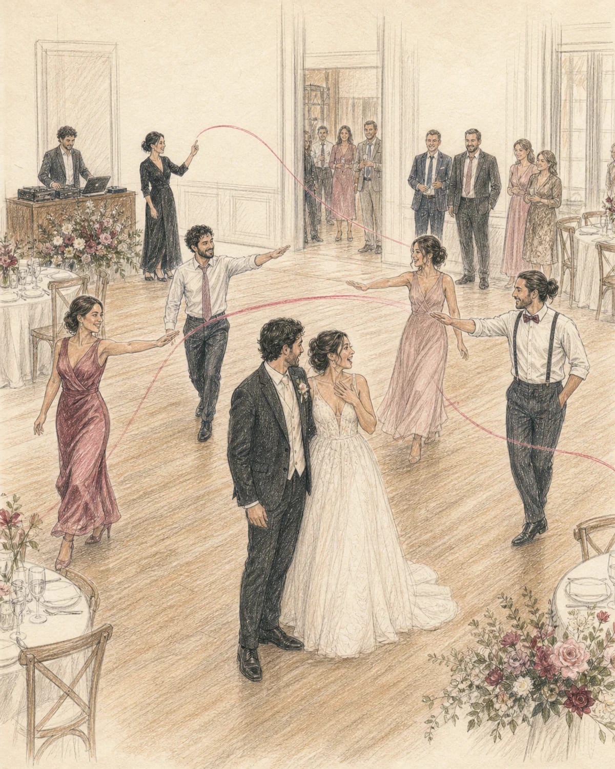 Illustrazione di un piccolo gruppo di invitati che avvia un flash mob lasciando alla coppia uno spazio libero
